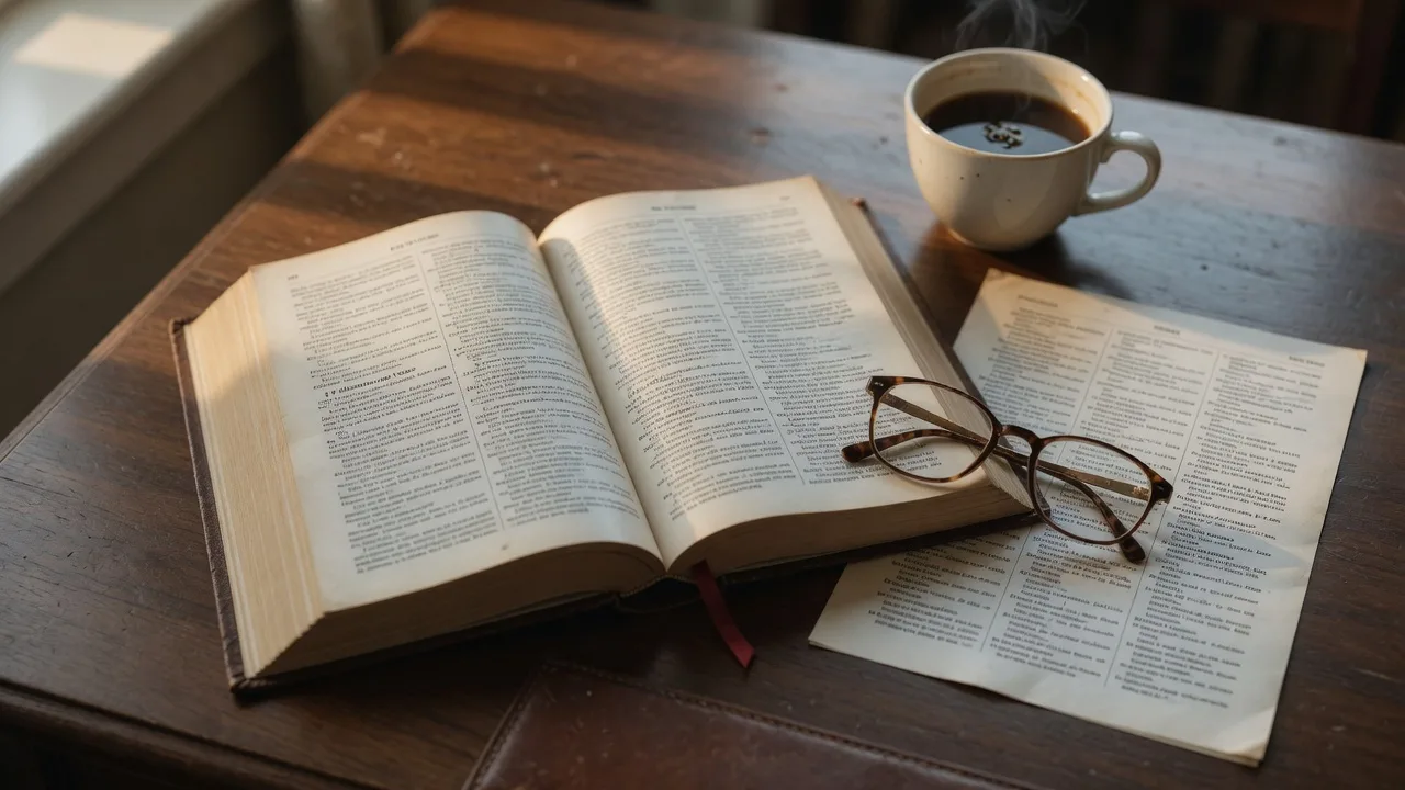 Open law book on a dark wood desk with reading glasses and coffee, representing legal study and probate documentation