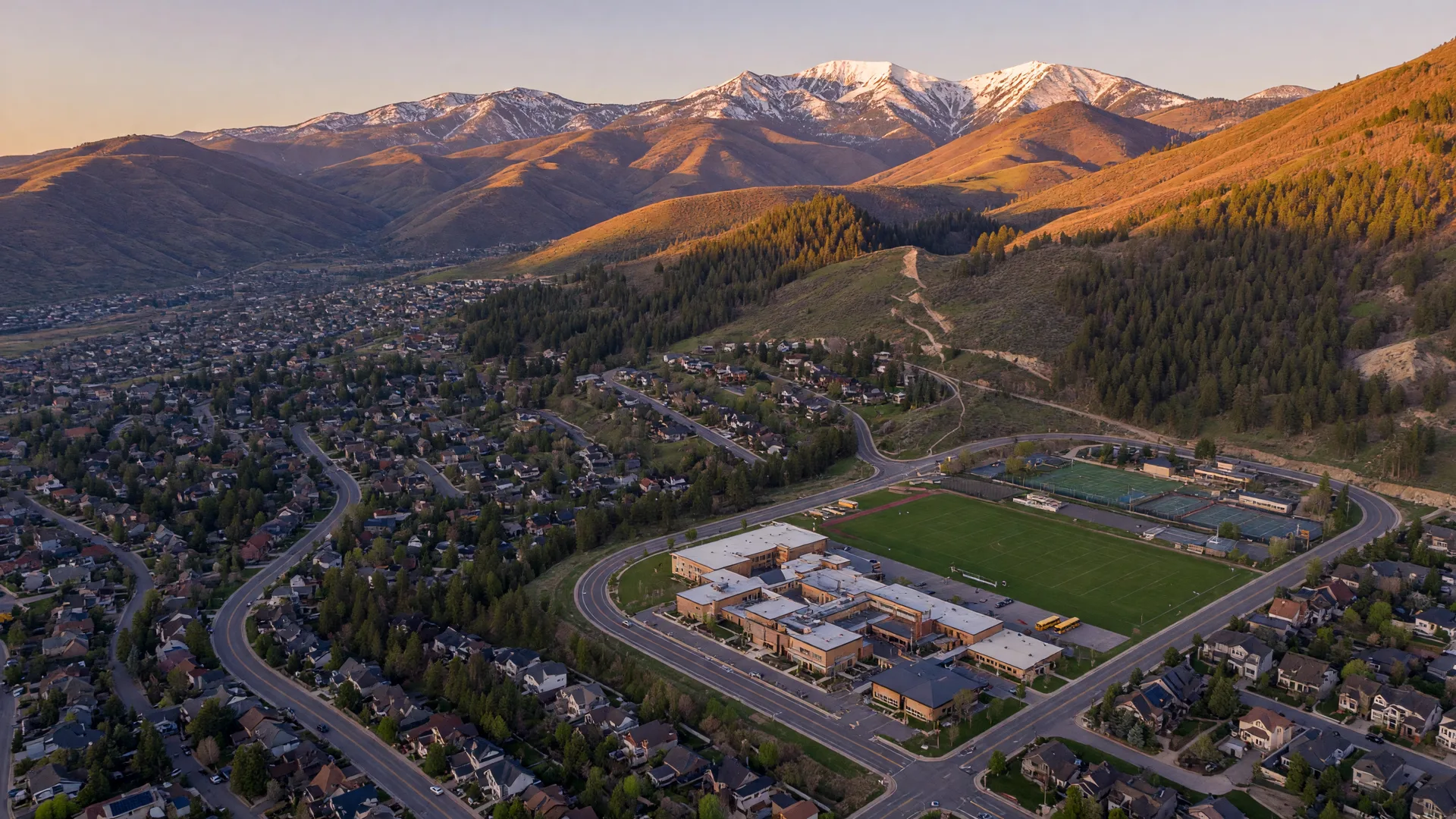 Aerial view of mountain subdivisions and a school campus in the Snyderville Basin near Park City, Utah at golden hour