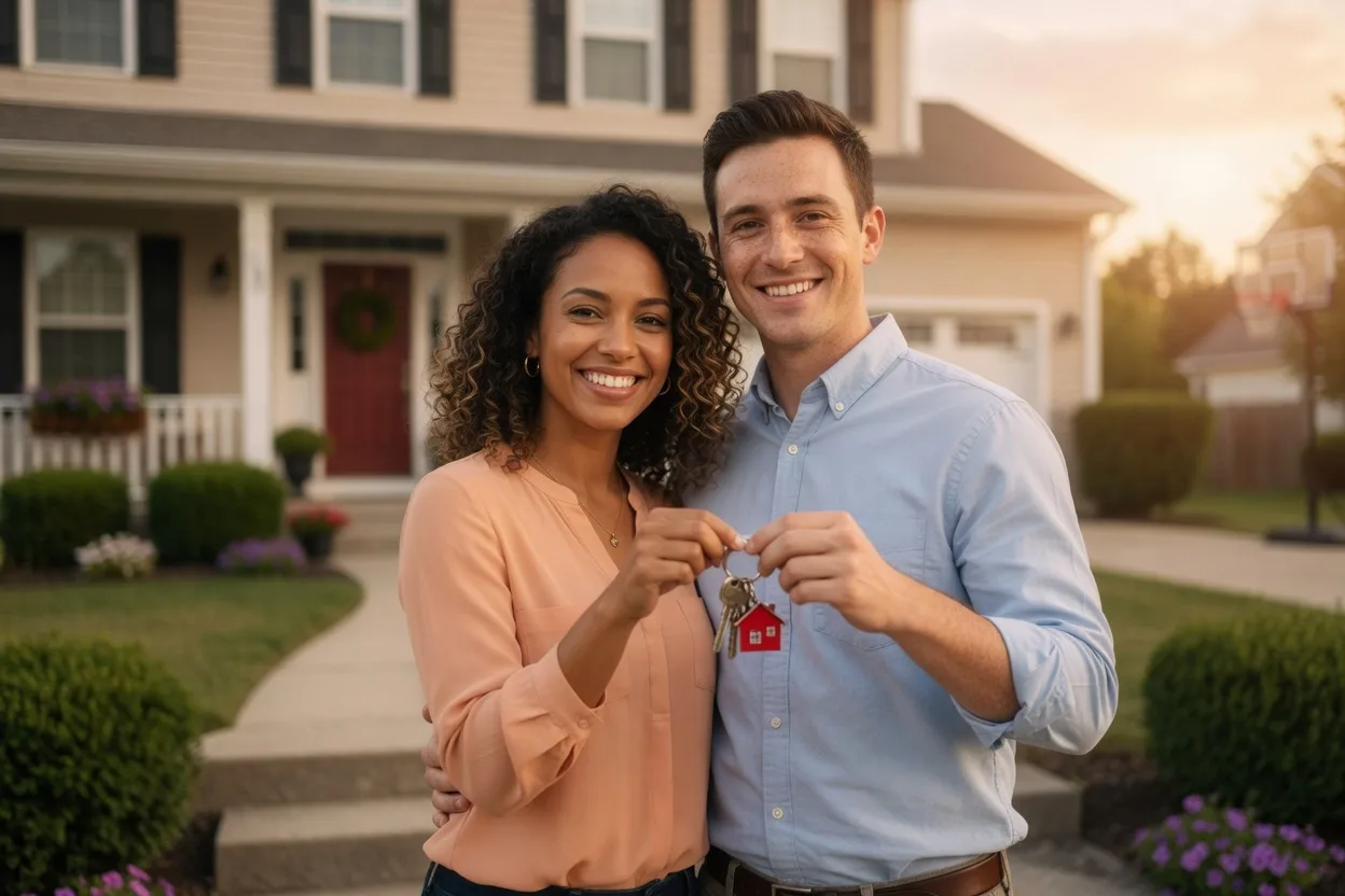 Happy first-time homebuyer couple receiving keys to their new home