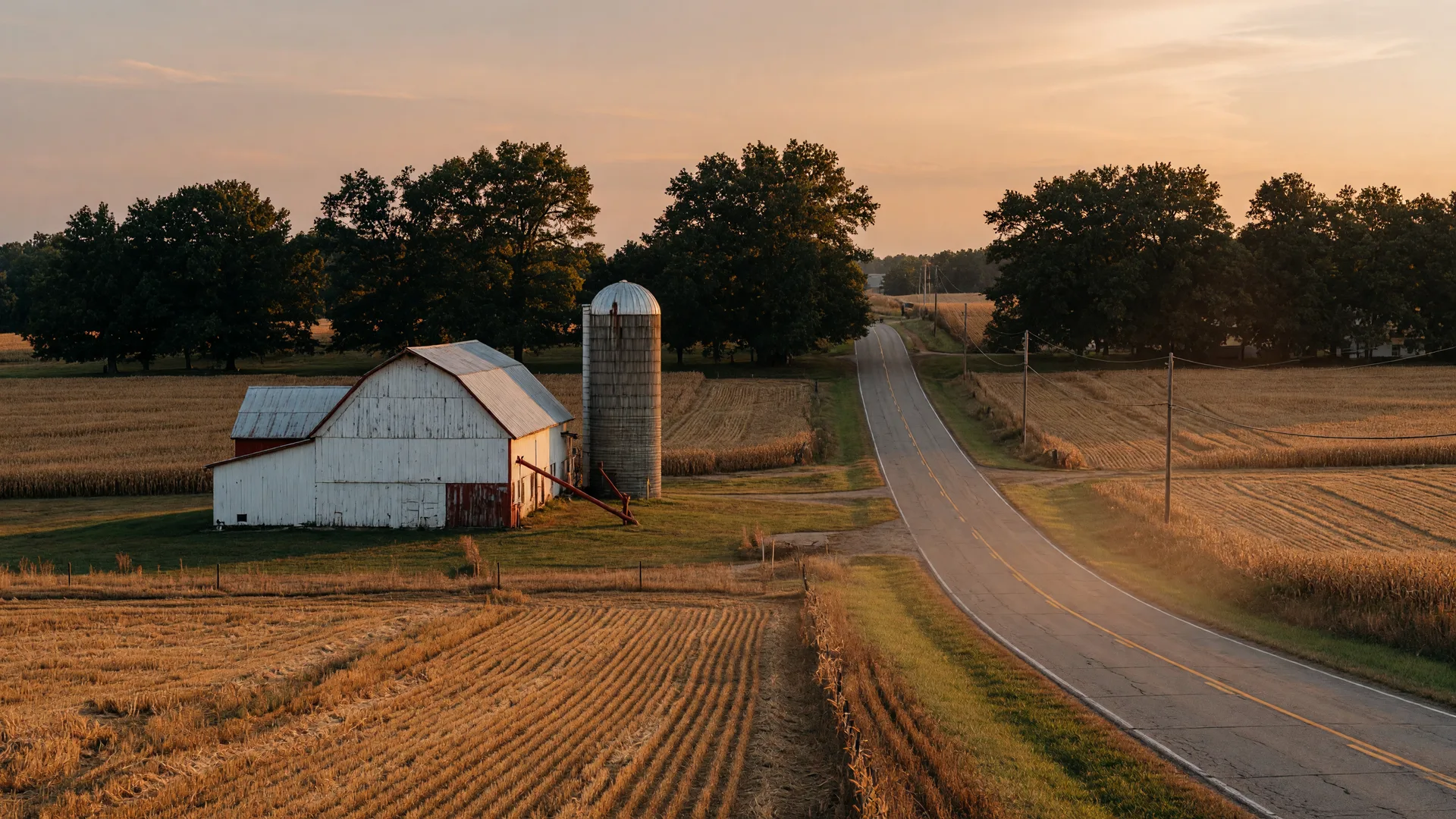 Open farmland and a quiet county road in Ashland County Ohio at late afternoon