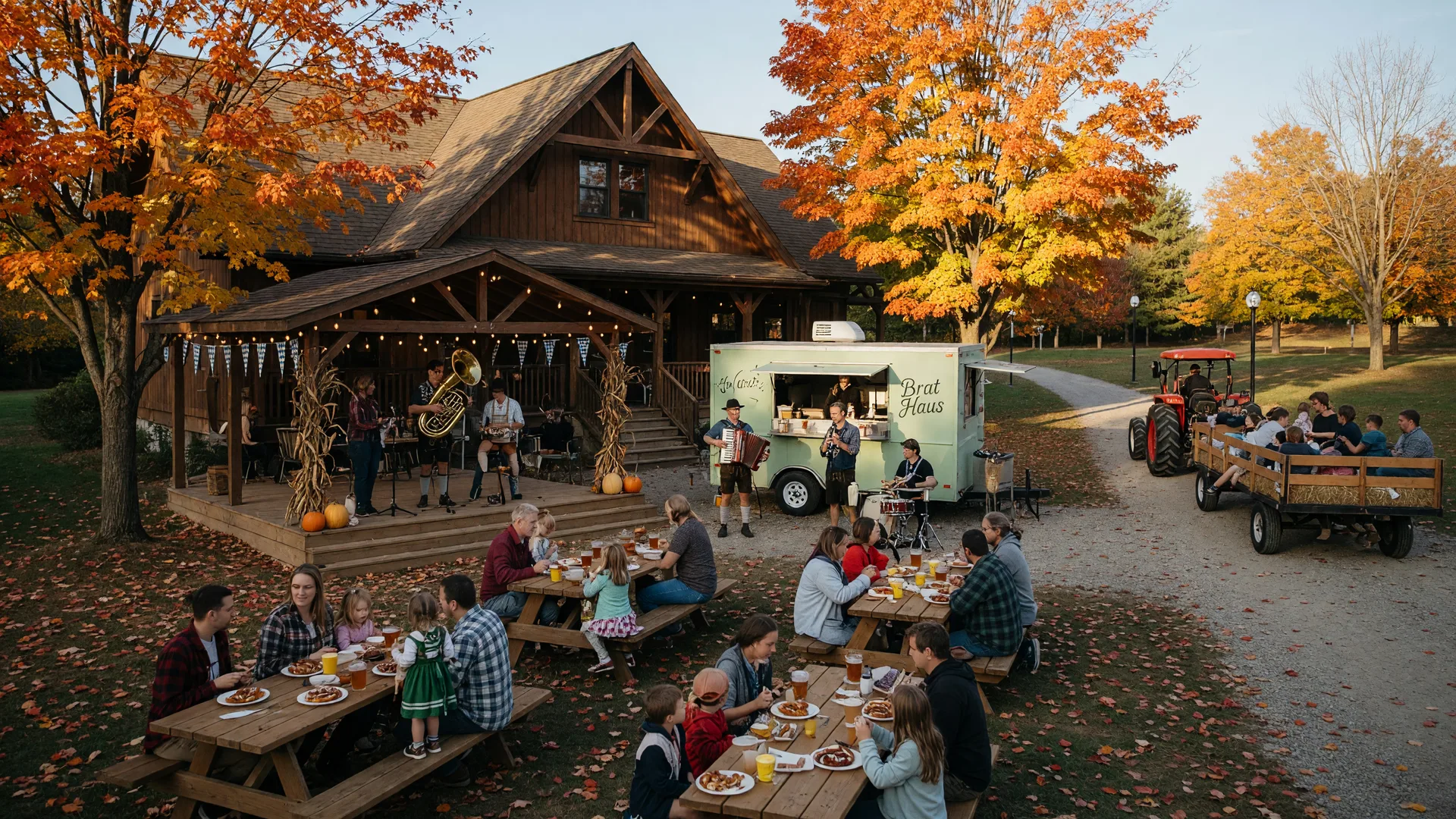 Rustic chalet lodge with a polka band under a string-lit pavilion, families at picnic tables, and a tractor-drawn hayride wagon on a gravel path in golden autumn light