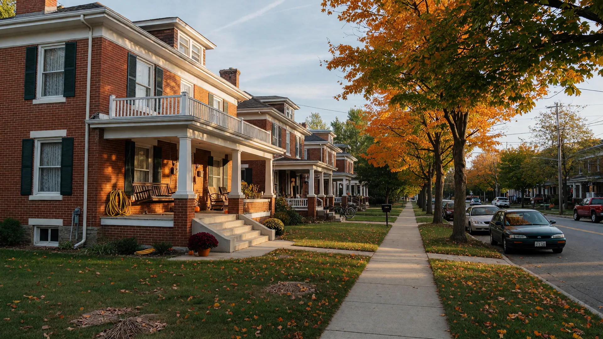 A classic two-story brick Foursquare home with a covered front porch on a tree-lined Painesville, Ohio street in warm golden autumn light