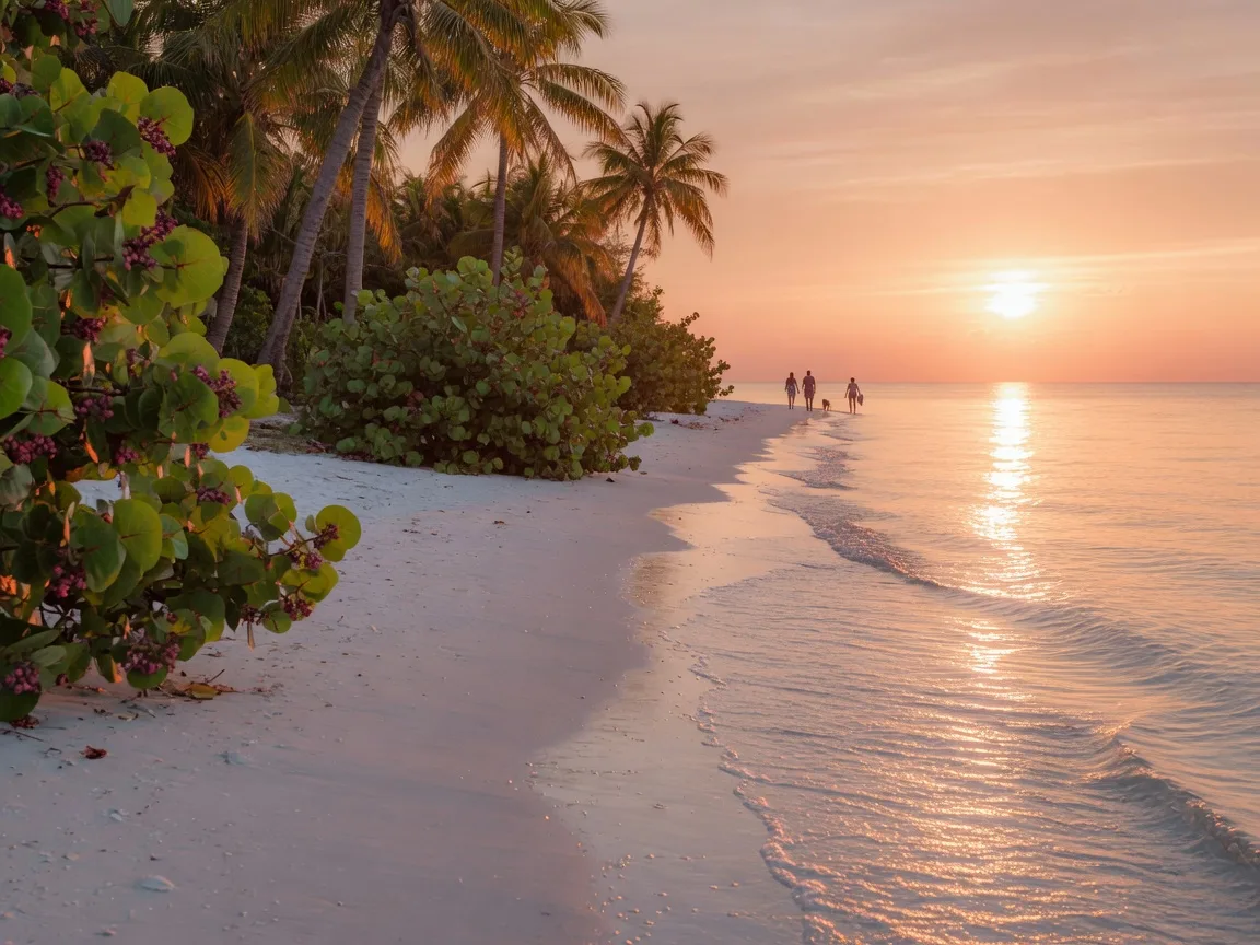 White sand Gulf of Mexico beach in Naples, Florida at golden hour with palms and calm glowing water