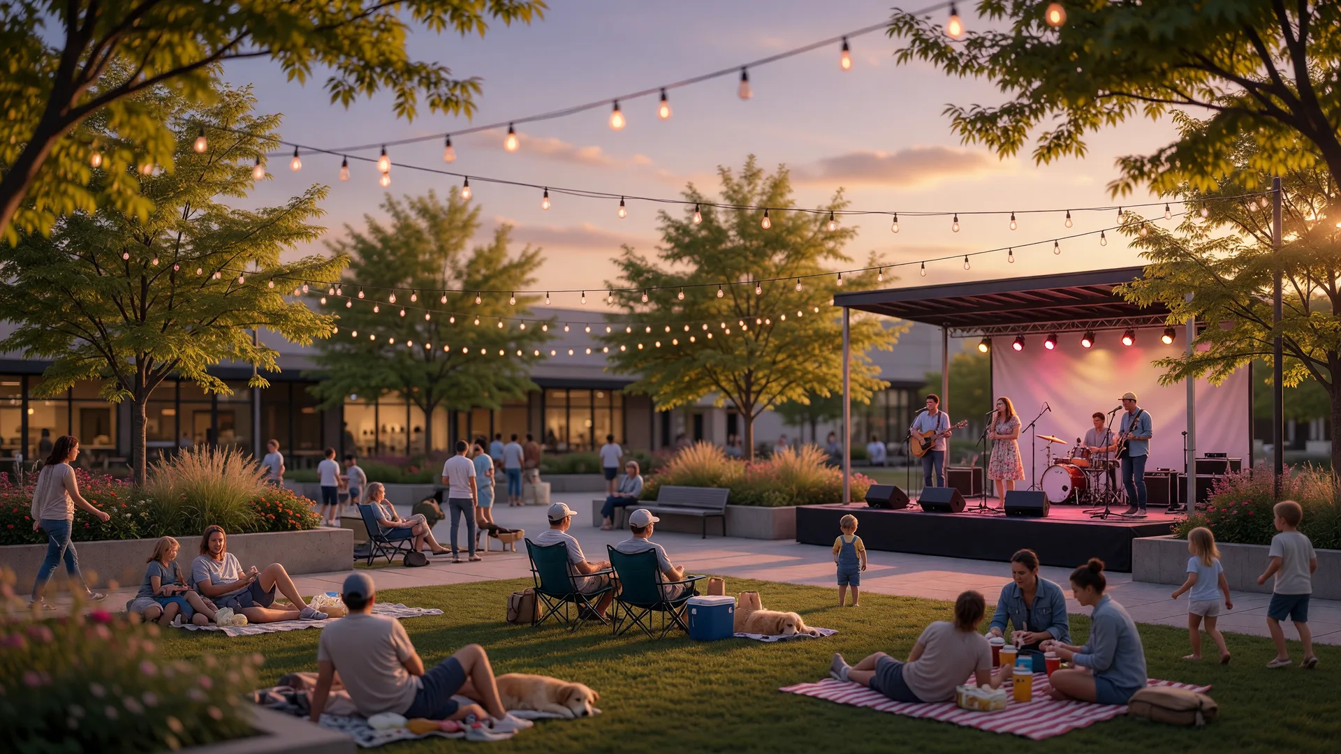 Late-summer evening outdoor concert at Crocker Park in Westlake, Ohio with string lights glowing above the plaza, a live band on stage, and families gathered on the lawn at golden hour