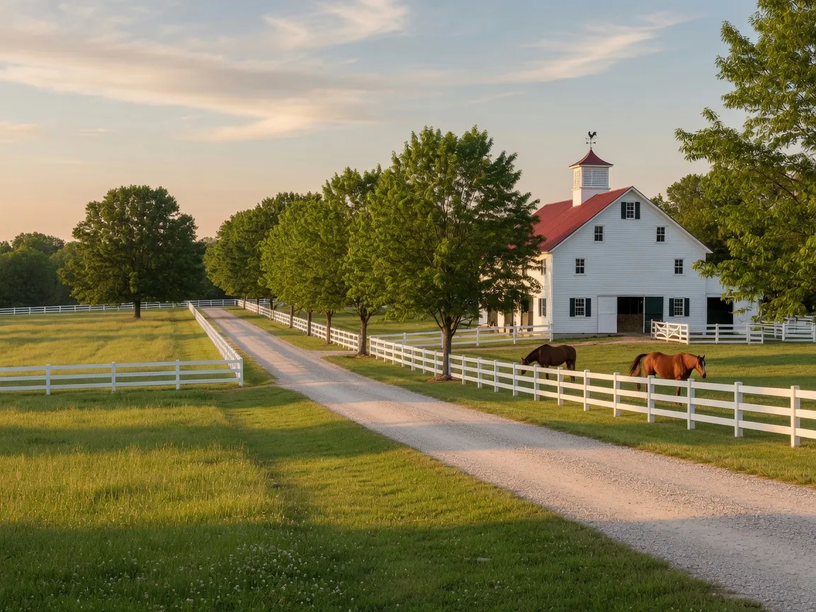 Woodford County horse farm near Versailles with white fencing and a tree-lined drive