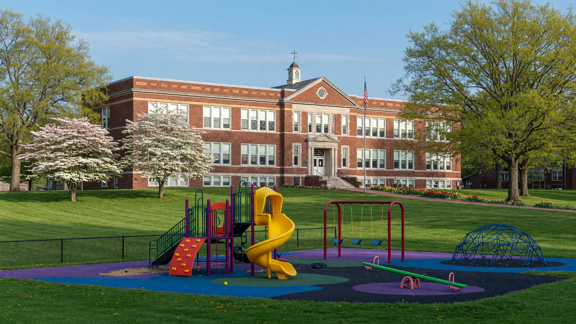 Bridgeport Elementary School charming building with playground and green fields