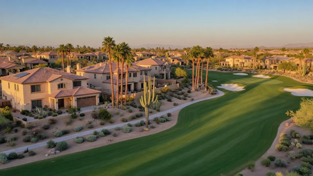 Wide establishing shot of a luxury golf community in the Phoenix desert with fairways, lakes, and mountain views