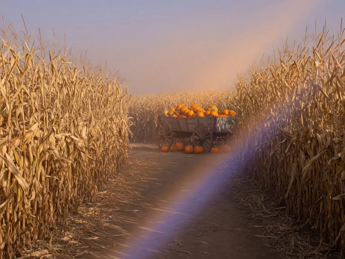 Inside a tall golden corn maze in the Central Valley on an October morning, dry corn stalks lining a narrow dirt path, pumpkins stacked on a wooden wagon near the maze entrance in the distance, and long morning shadows across the field