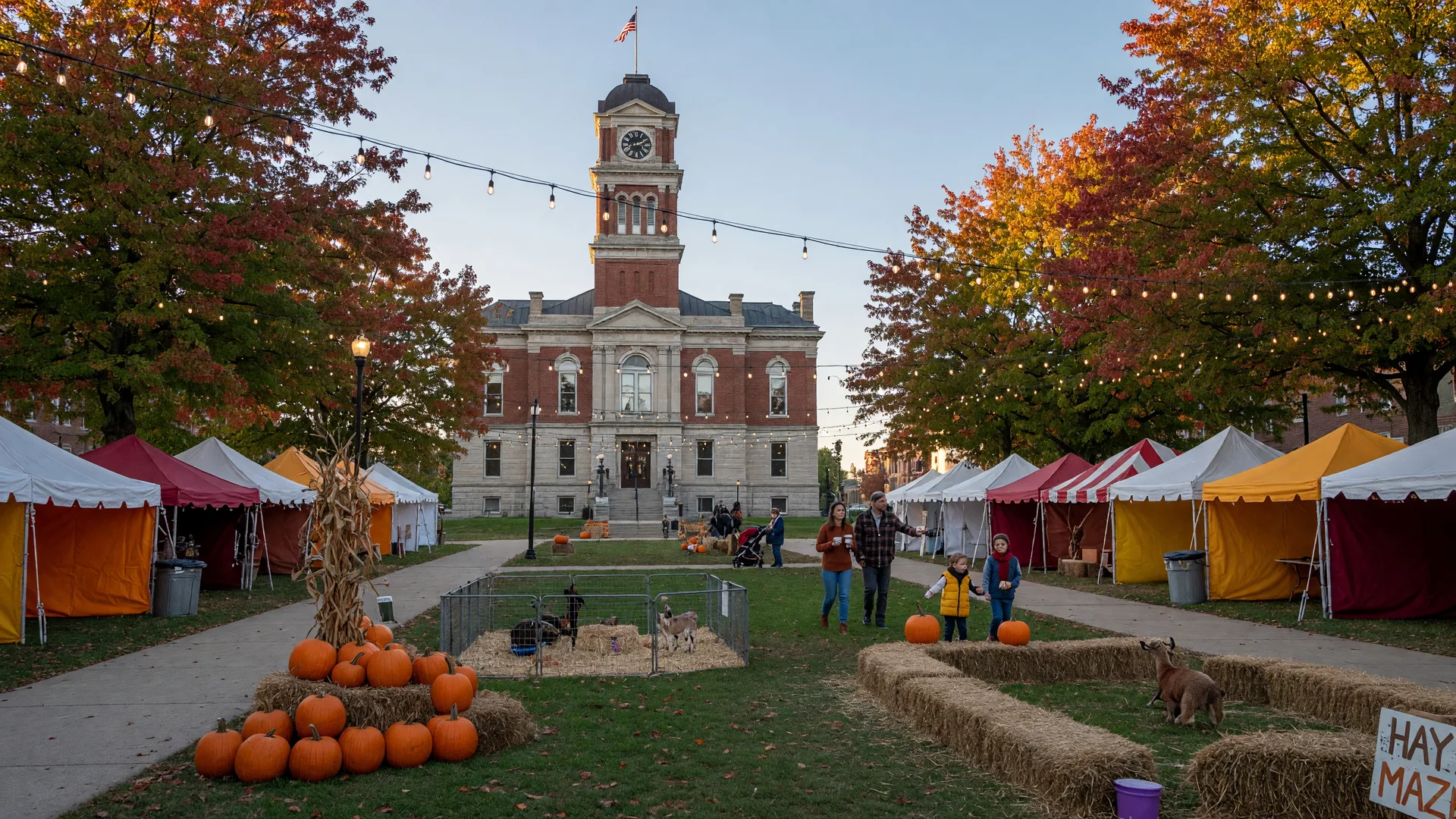 Historic town square lined with autumn festival tents, pumpkins, hay bales, and a hay maze on a crisp September morning