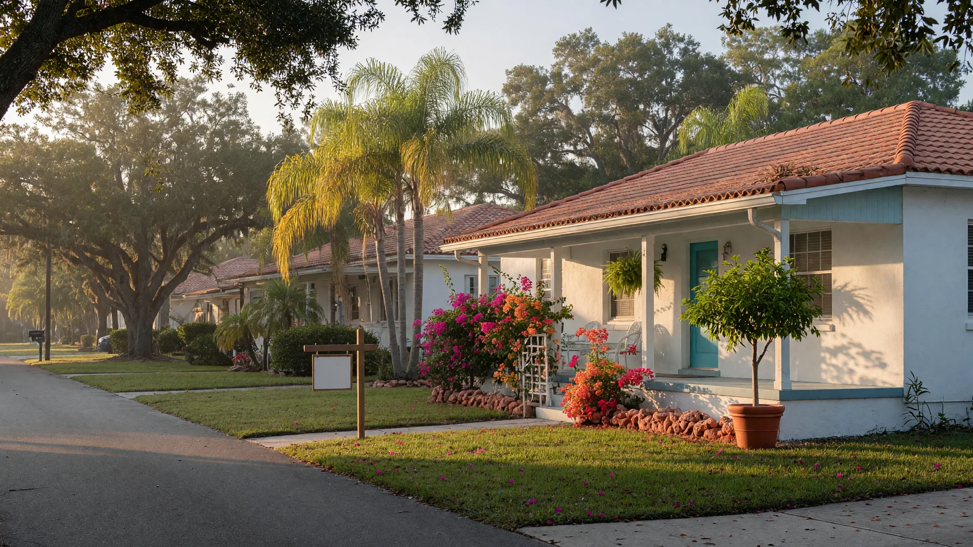 A freshly painted single-story Florida home with a small For Sale sign in the yard on a quiet tree-lined street in Sarasota County, early-morning light with palms and bougainvillea