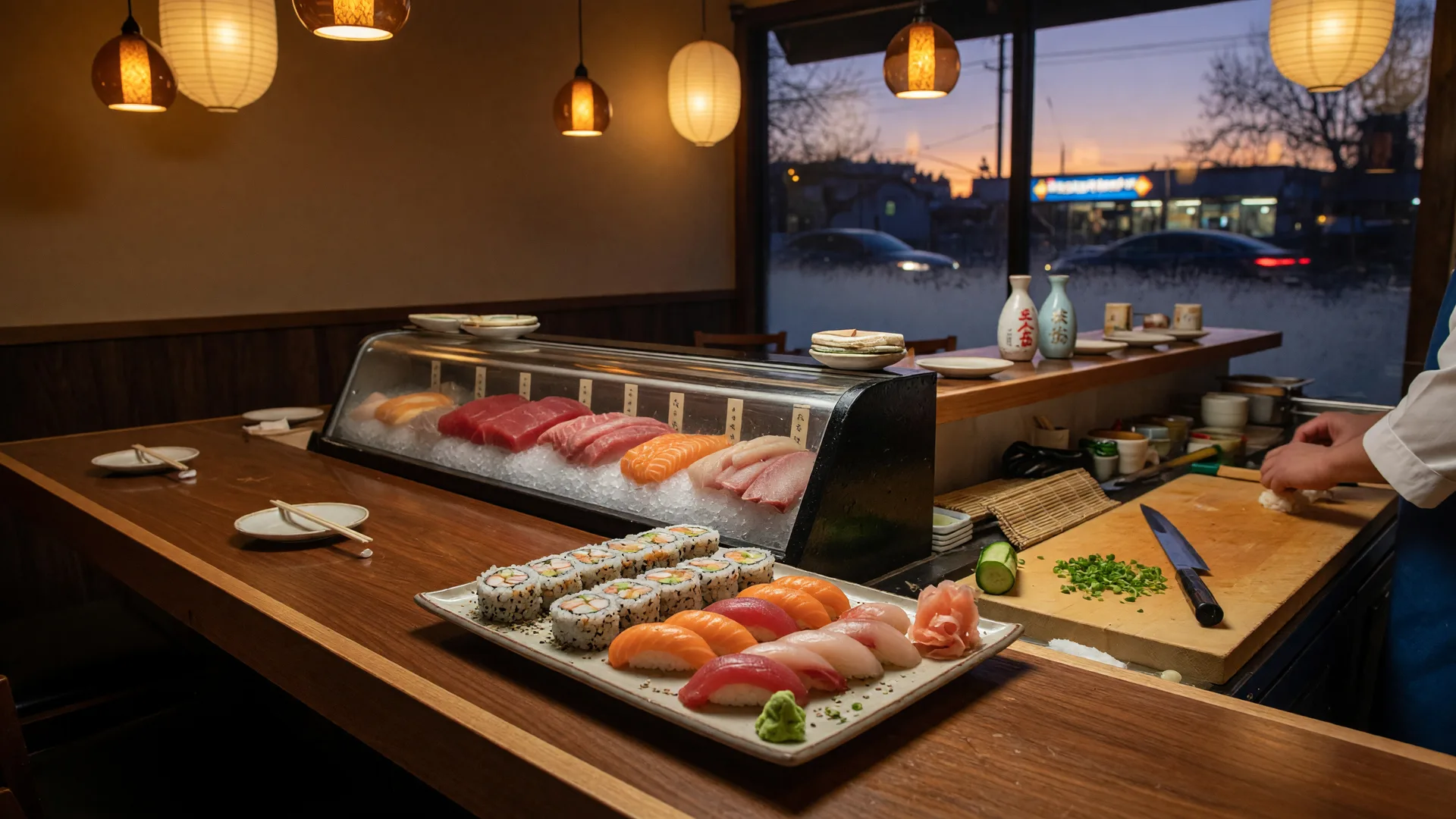 A warm evening scene inside Ginza Sushi in North Fullerton: a wooden sushi counter with a glass fish display and an artistic platter of specialty rolls and nigiri under soft amber pendant lighting