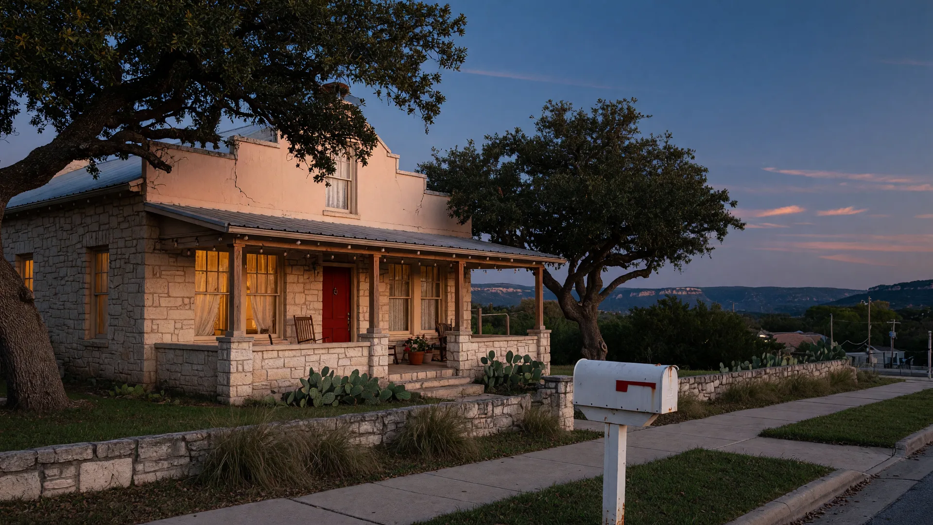 A Hill Country style home in San Antonio at dusk, a cozy San Antonio real estate scene with warm lamplit windows, a white mailbox at the curb, and live oaks around it