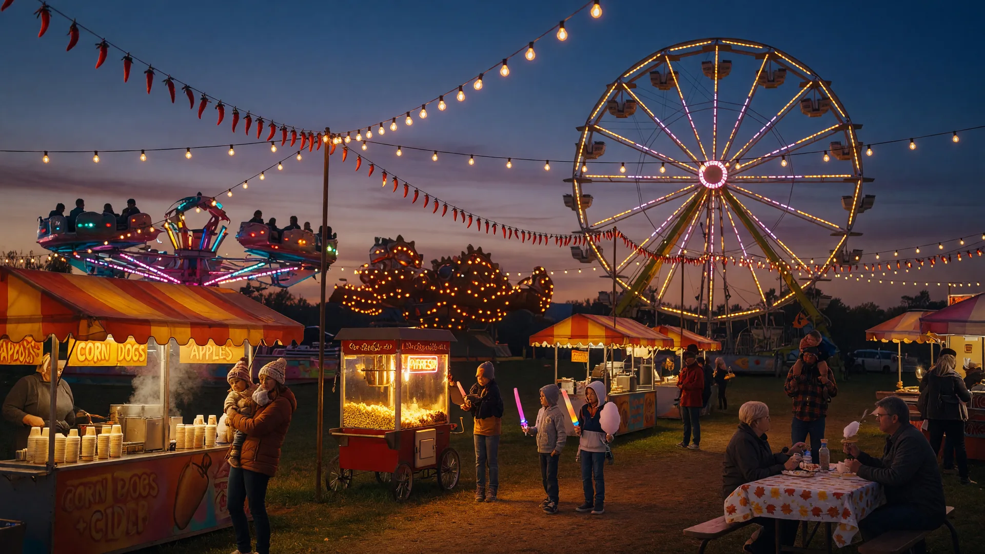Colorful carnival rides glowing with lights at a small-town fall festival at dusk