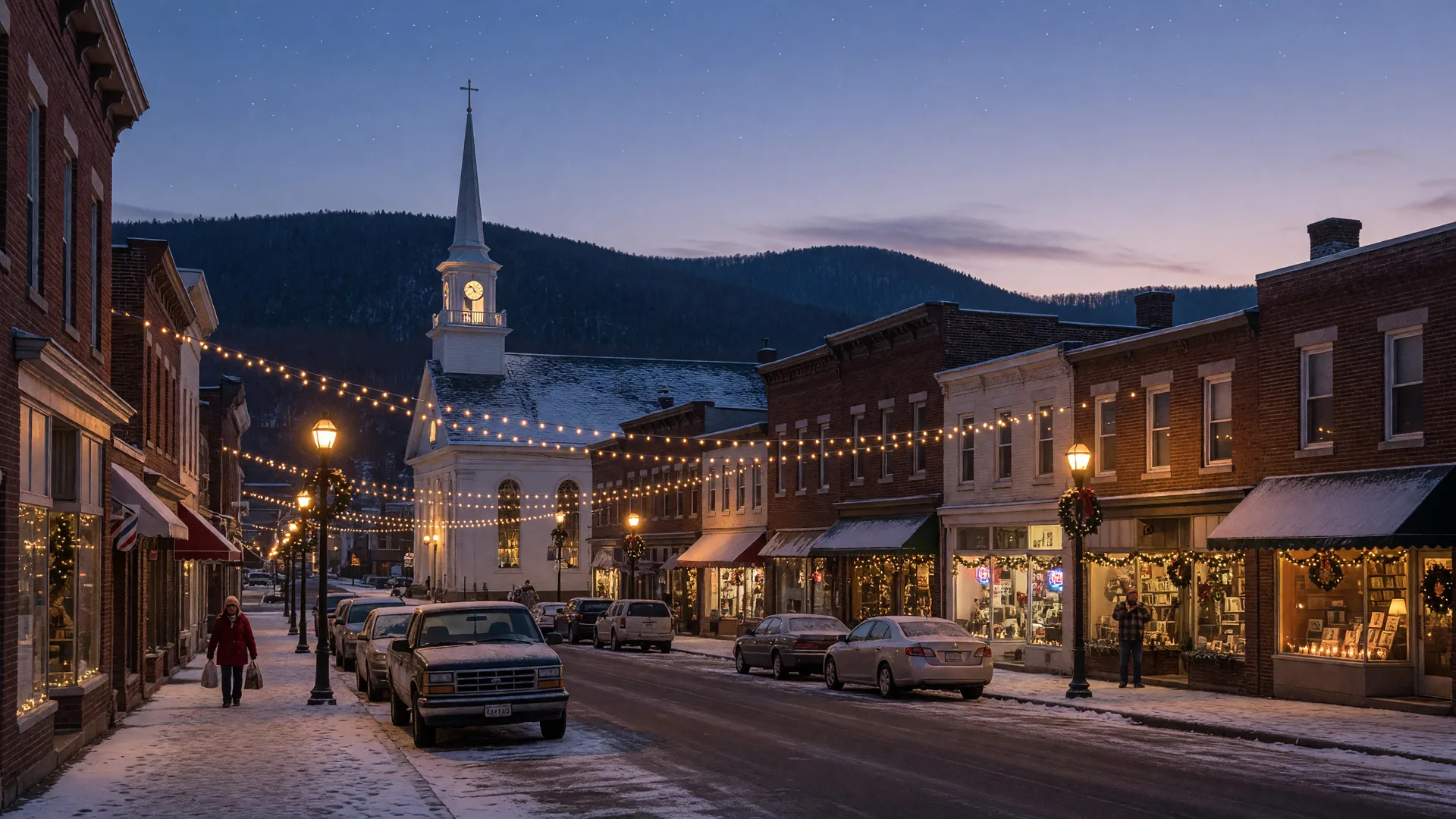 A small Pennsylvania town main street in early December at dusk, with warm Christmas lights strung across the street, frost on the rooftops, and the Blue Mountain ridge on the horizon