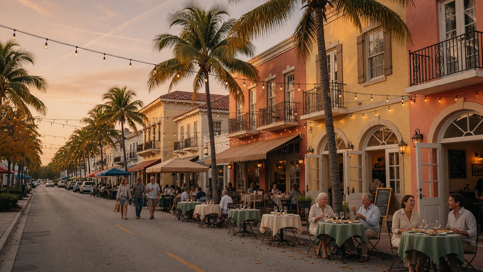 Downtown Delray Beach Atlantic Avenue at golden hour with string lights strung over Mediterranean storefronts, palm trees, and lively sidewalk cafes