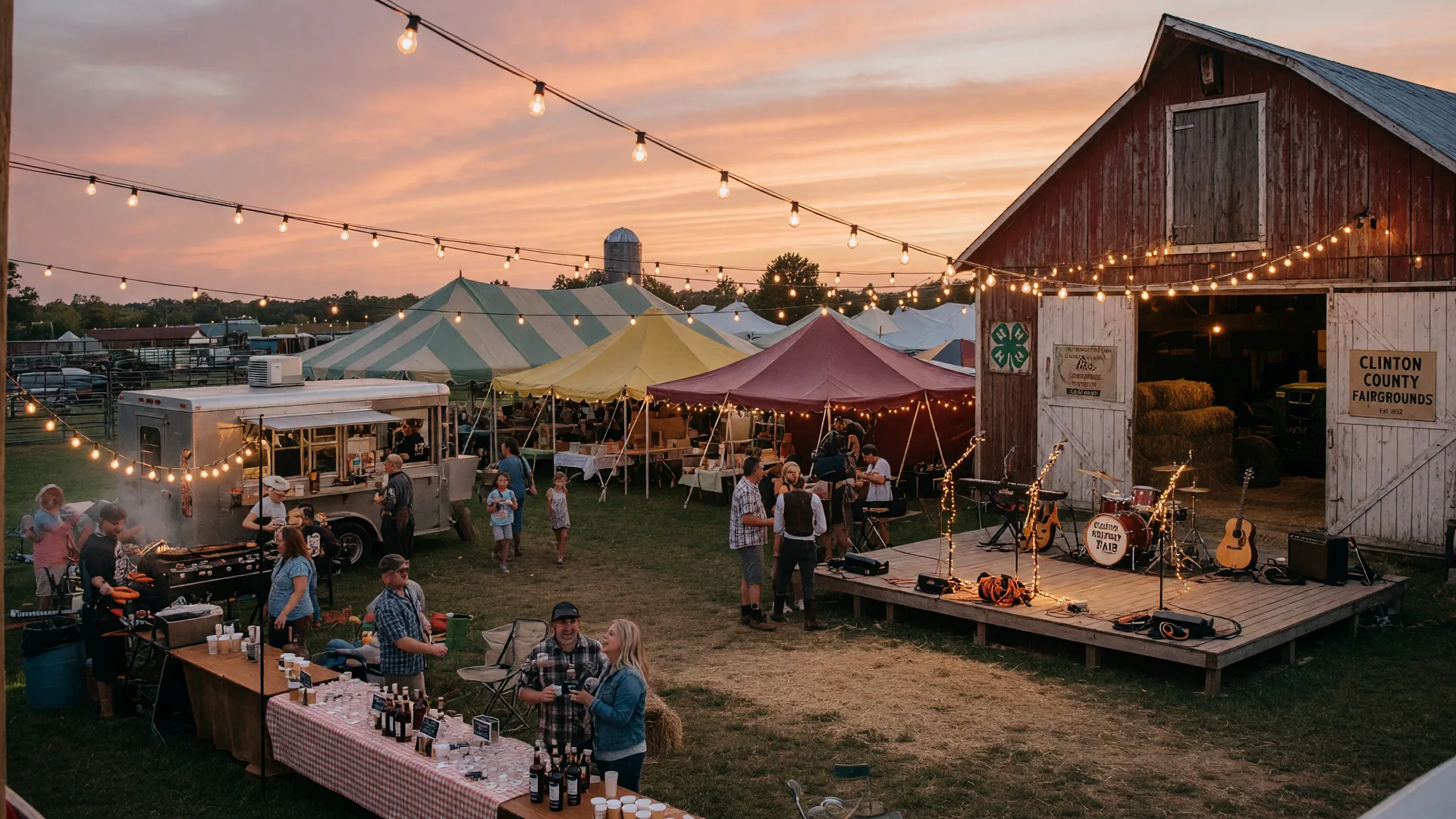 The Clinton County Fairgrounds in Wilmington, Ohio at golden hour with festival tents, string lights, and a stage set up for the Farm to Bottle Festival