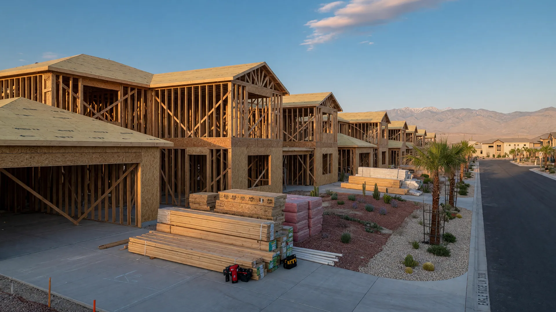 A new-construction home at the framing stage in a Las Vegas master-planned community with palm trees and the Spring Mountains in the distance