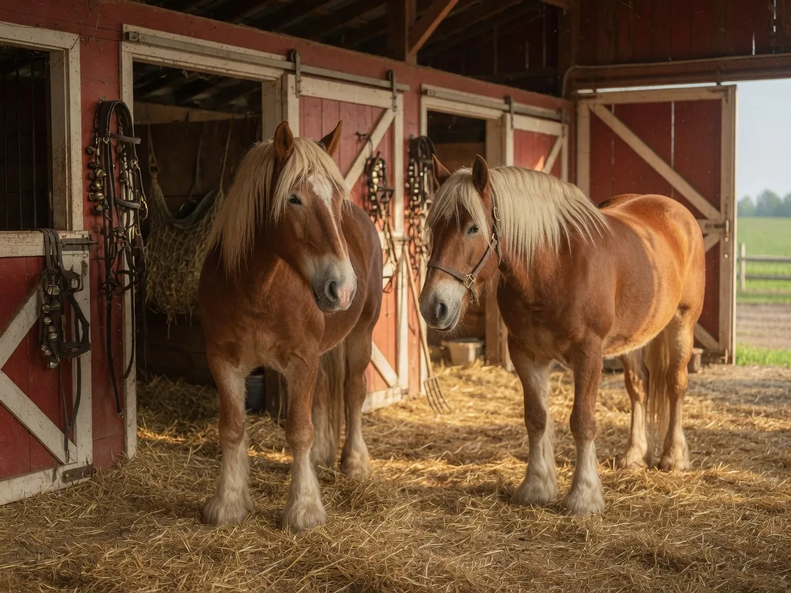 Two Belgian draft horses standing in straw inside a red barn arena at Lake Metroparks Farmpark