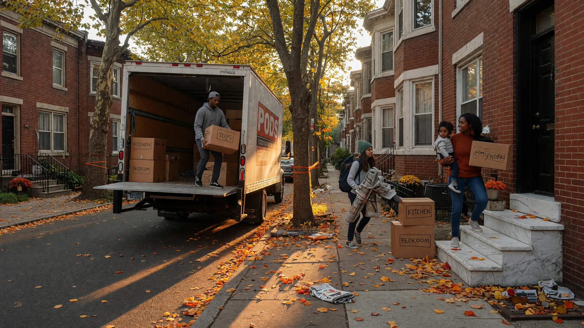 Family moving into a brick rowhome on a tree-lined Philadelphia street with autumn leaves