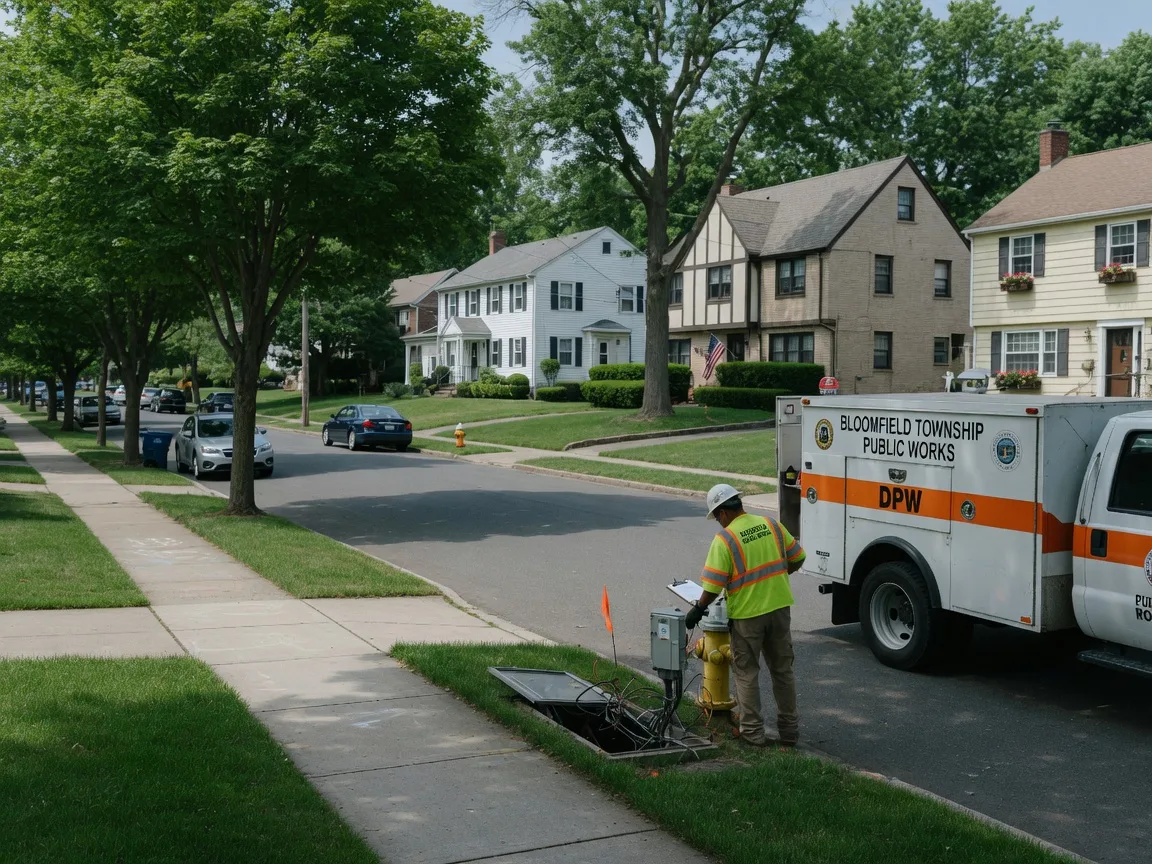 A quiet residential street in Bloomfield NJ with a public works vehicle and well-maintained homes