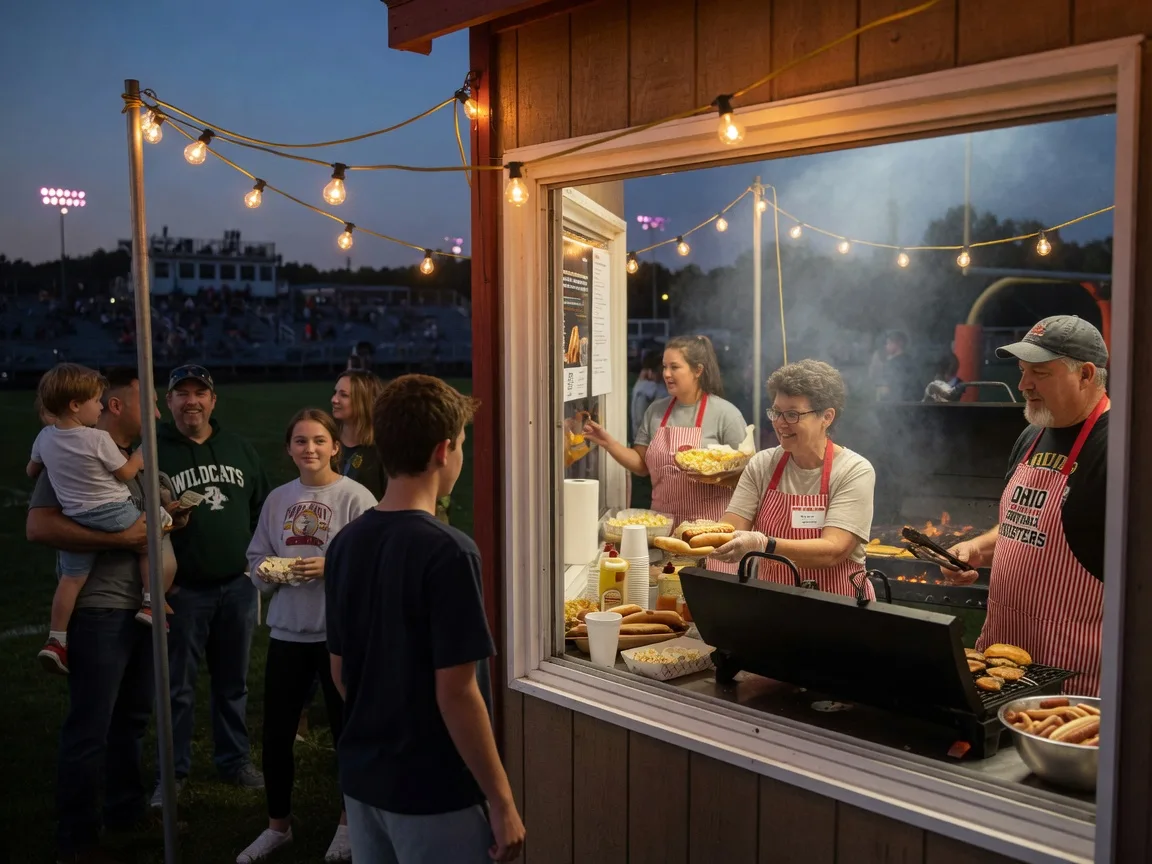 High school athletic booster club parent volunteers working a string-light-lit concession stand and grill at a small-town Ohio football game on a warm September evening