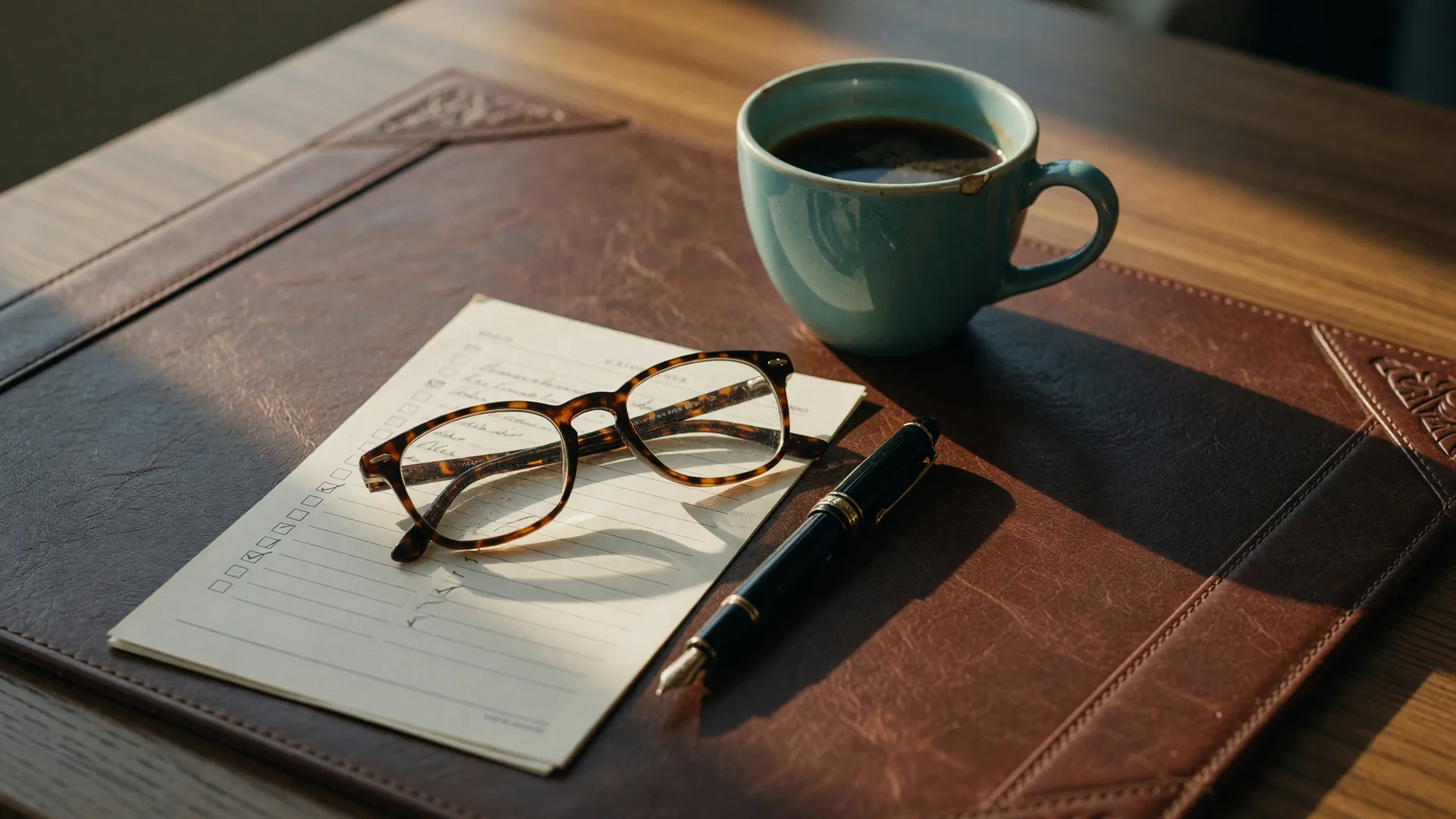 Reading glasses, a fountain pen and a paper checklist beside a cup of coffee on a leather desk blotter