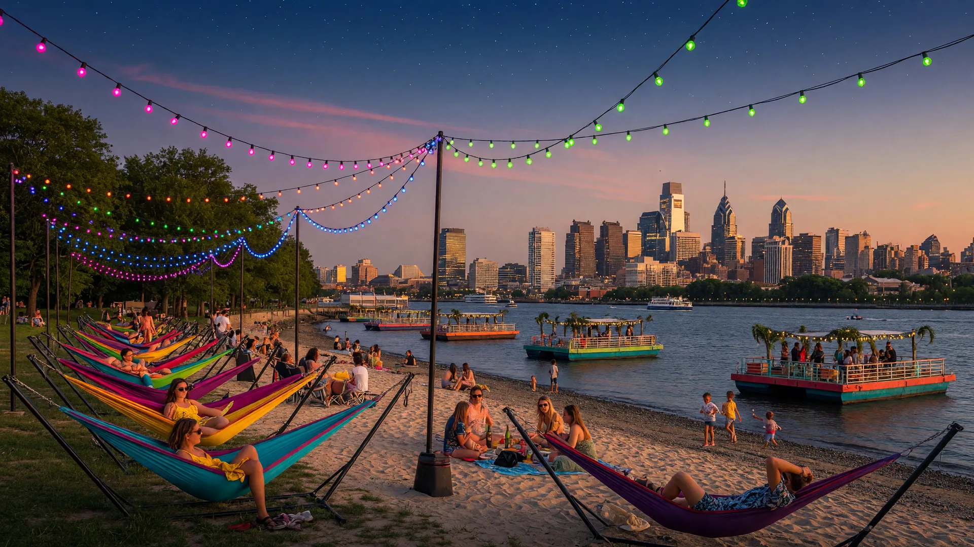 Spruce Street Harbor Park with lights and hammocks on the Delaware River waterfront