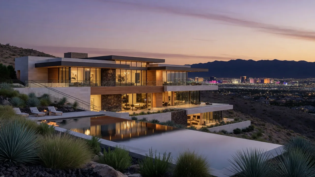 A dusk view across a Summerlin luxury estate toward the lights of the Las Vegas Strip and the Spring Mountains