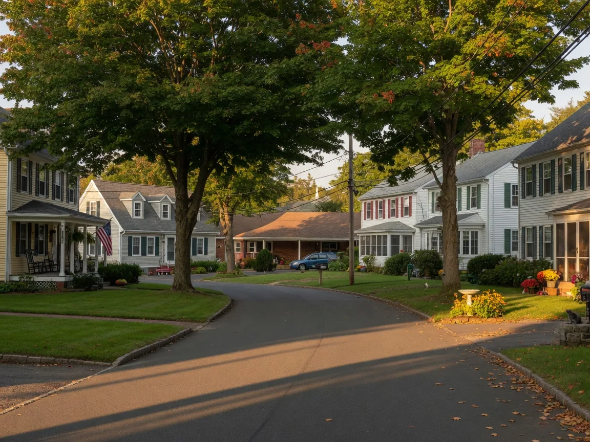Tree-lined residential street in North Haven, Connecticut with classic New England homes on a late summer afternoon