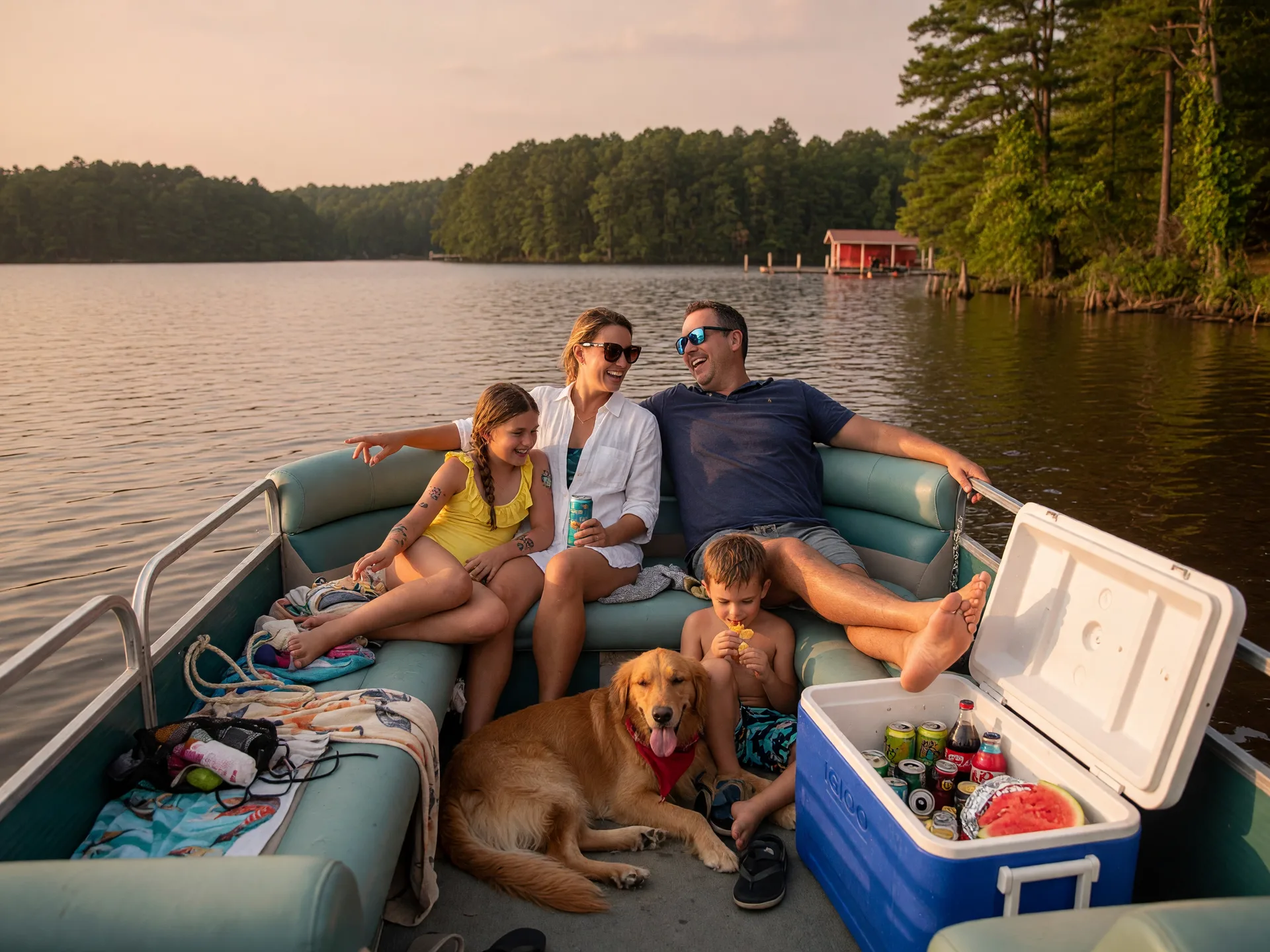 Modern family enjoying a late summer Saturday on a pontoon boat on a calm Georgia lake with a dog and cooler, warm golden light