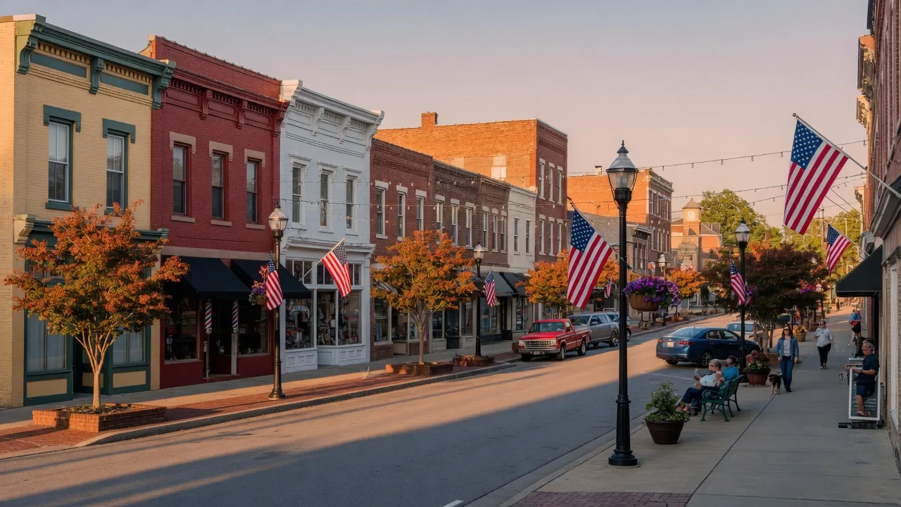 Jeffersontown, Kentucky's historic Gaslight District with small shops, brick storefronts, and the east Louisville suburb's distinctive independent character