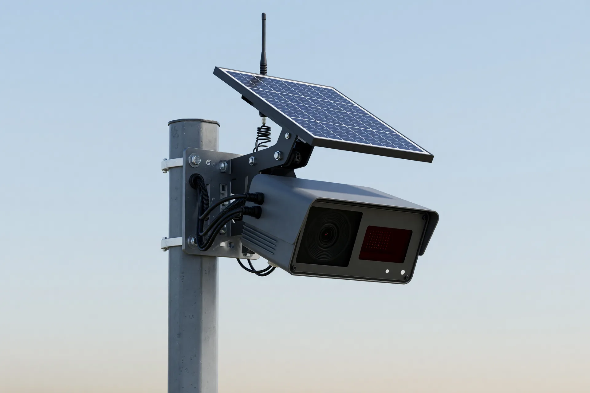 A close-up illustration of a Flock-style license plate reader camera with a solar panel and antenna mounted on a pole