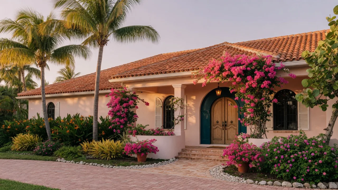 A single-story Mediterranean-style Florida home with a clay tile roof, tropical landscaping, and palm trees at golden hour