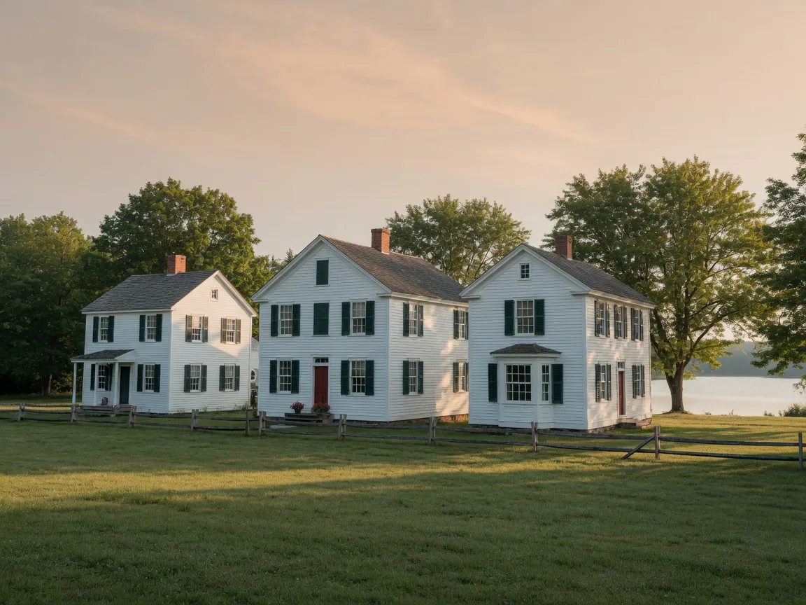 Three restored 19th-century heritage houses on a grassy lakeside park, recalling the Oshawa Museum's buildings at Lakeview Park