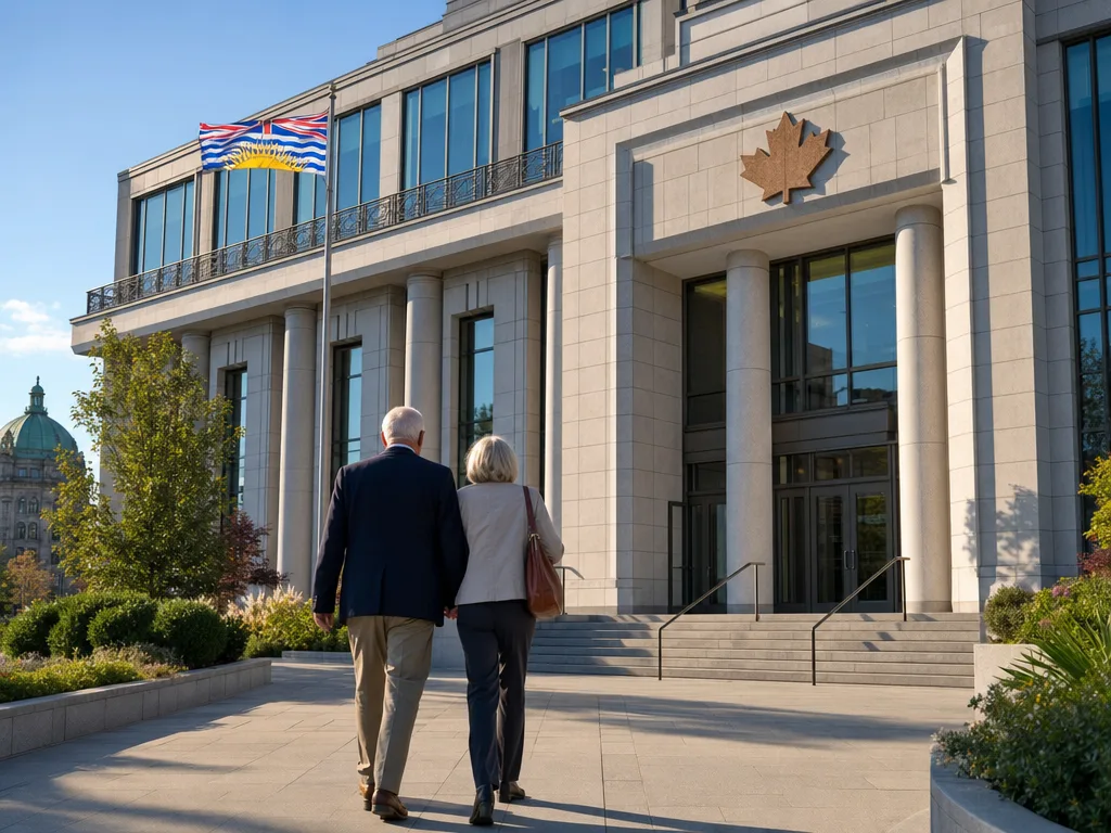 BC Government office building exterior in Victoria with a senior couple walking toward the entrance