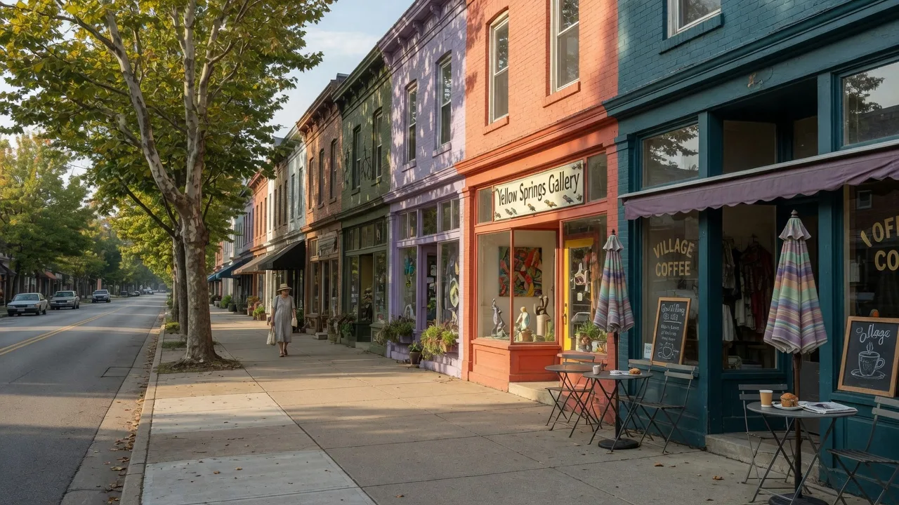 Walkable main street of Yellow Springs Ohio with colorful independent shopfronts