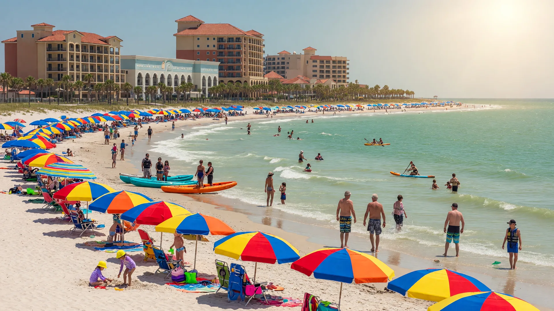 A vibrant Texas beach resort with beachgoers and water sports