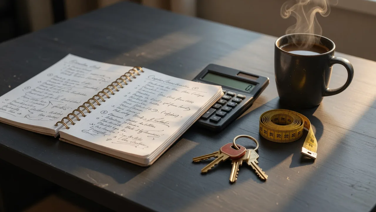 A notebook, calculator, house keys, and coffee on a charcoal desk, the starter kit of a brand new real estate professional