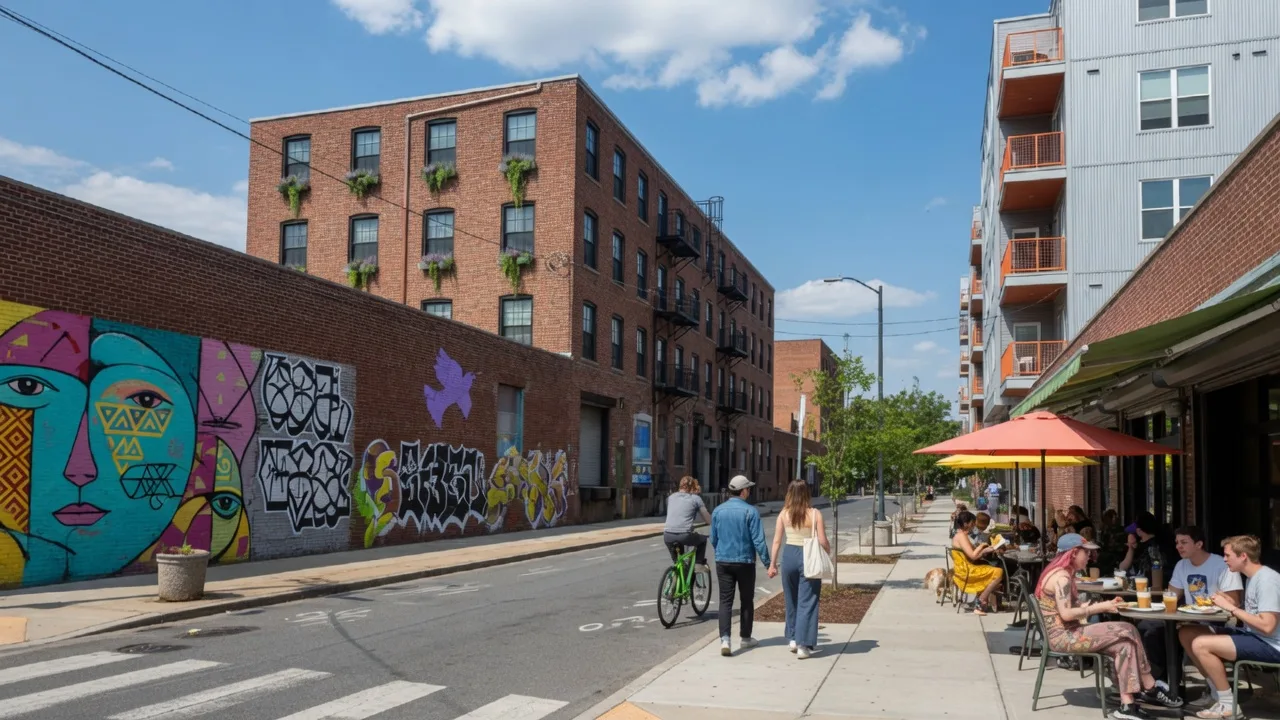 Northern Liberties Philadelphia with street art, converted warehouses, and modern apartments on a sunny day