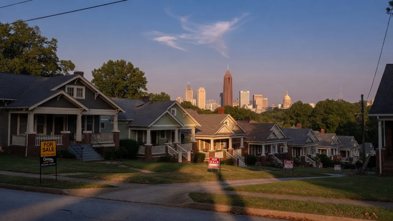 Atlanta skyline visible through a residential suburban neighborhood with homes and For Sale signs in front yards during golden hour