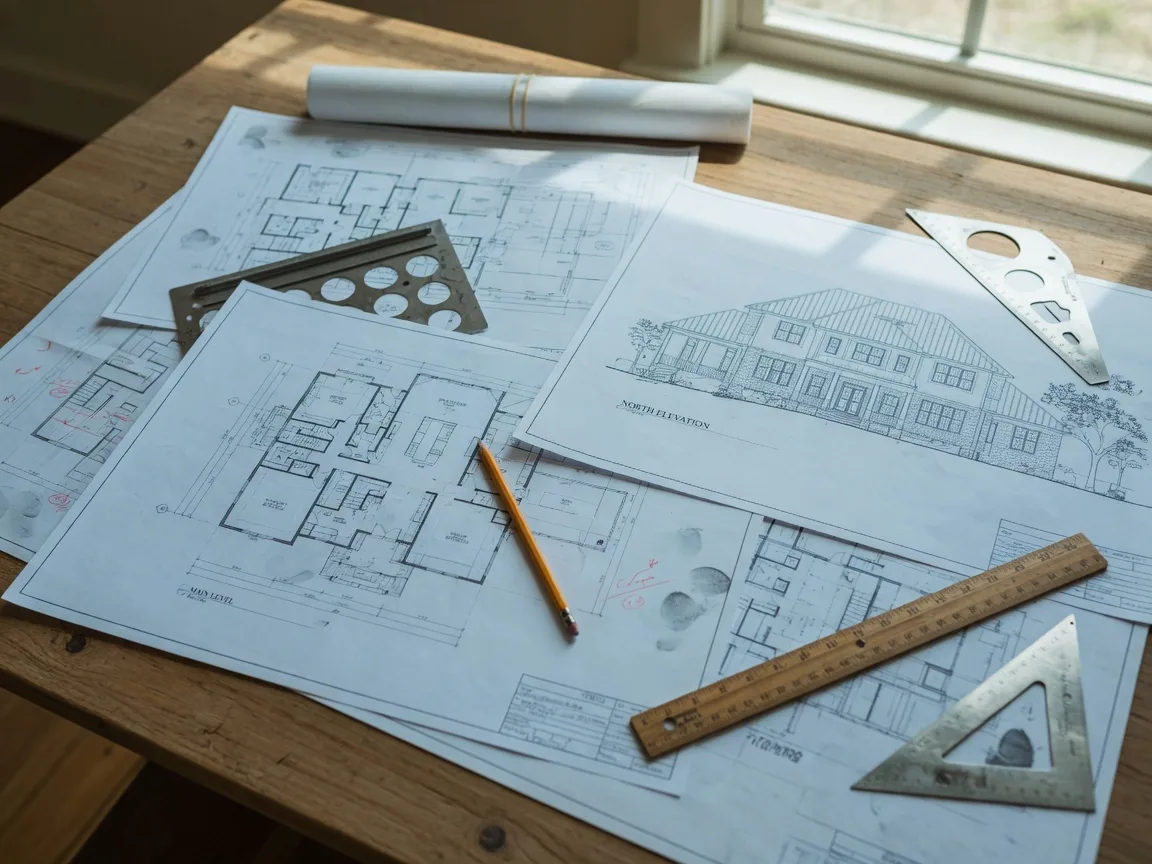 Architectural plans and construction documents spread on a table, representing the design phase of a custom Hill Country home build