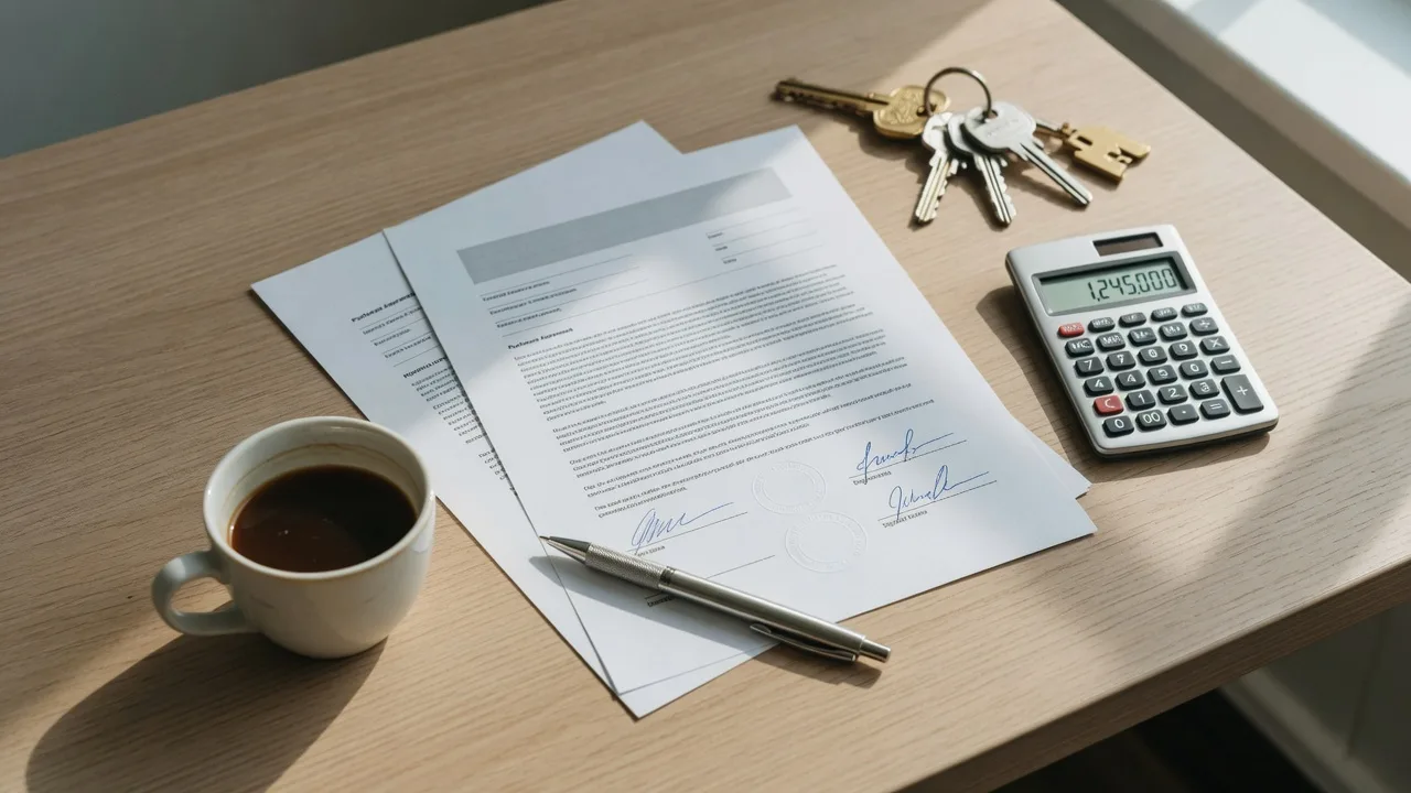 A real estate purchase agreement with a pen, calculator, house keys, and a cup of coffee on a desk ahead of closing