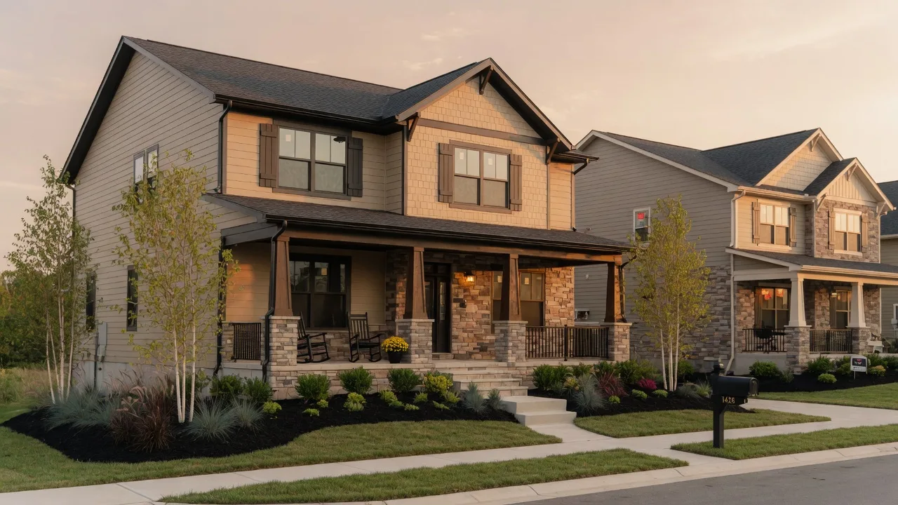 Newly constructed modern craftsman-style home in a Northwest Indiana development with stone and siding exterior, covered front porch, dark-framed windows, and freshly landscaped yard at golden hour