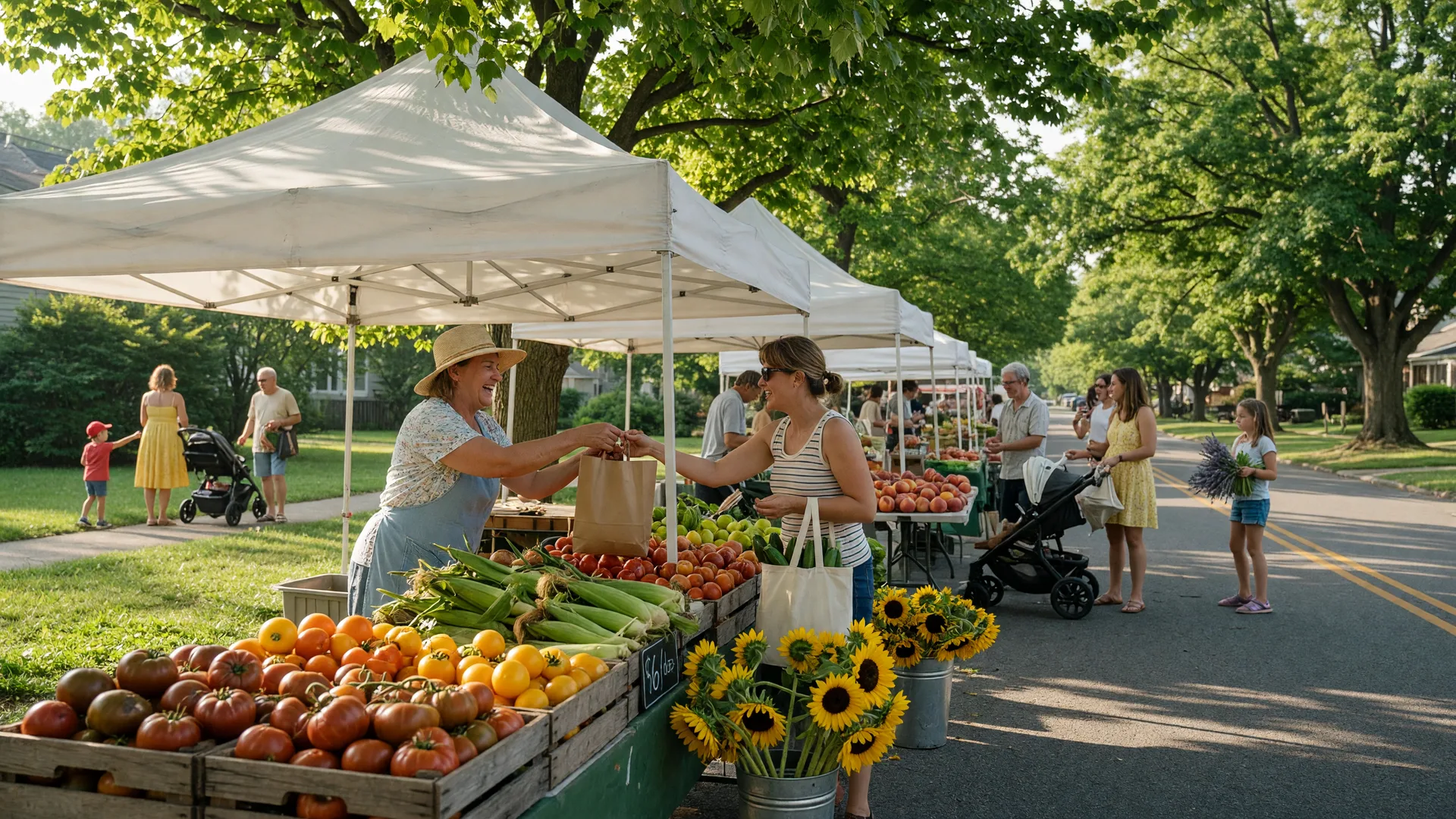 White canopy tents at a community farmers market with fresh produce, sunflowers, and families strolling under dappled summer shade