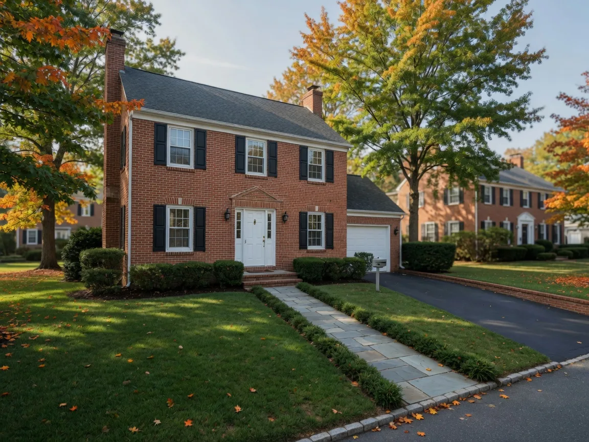 A classic mid-century brick colonial home with a flagstone walk and manicured front lawn in a leafy South Jersey suburb on a sunny fall morning