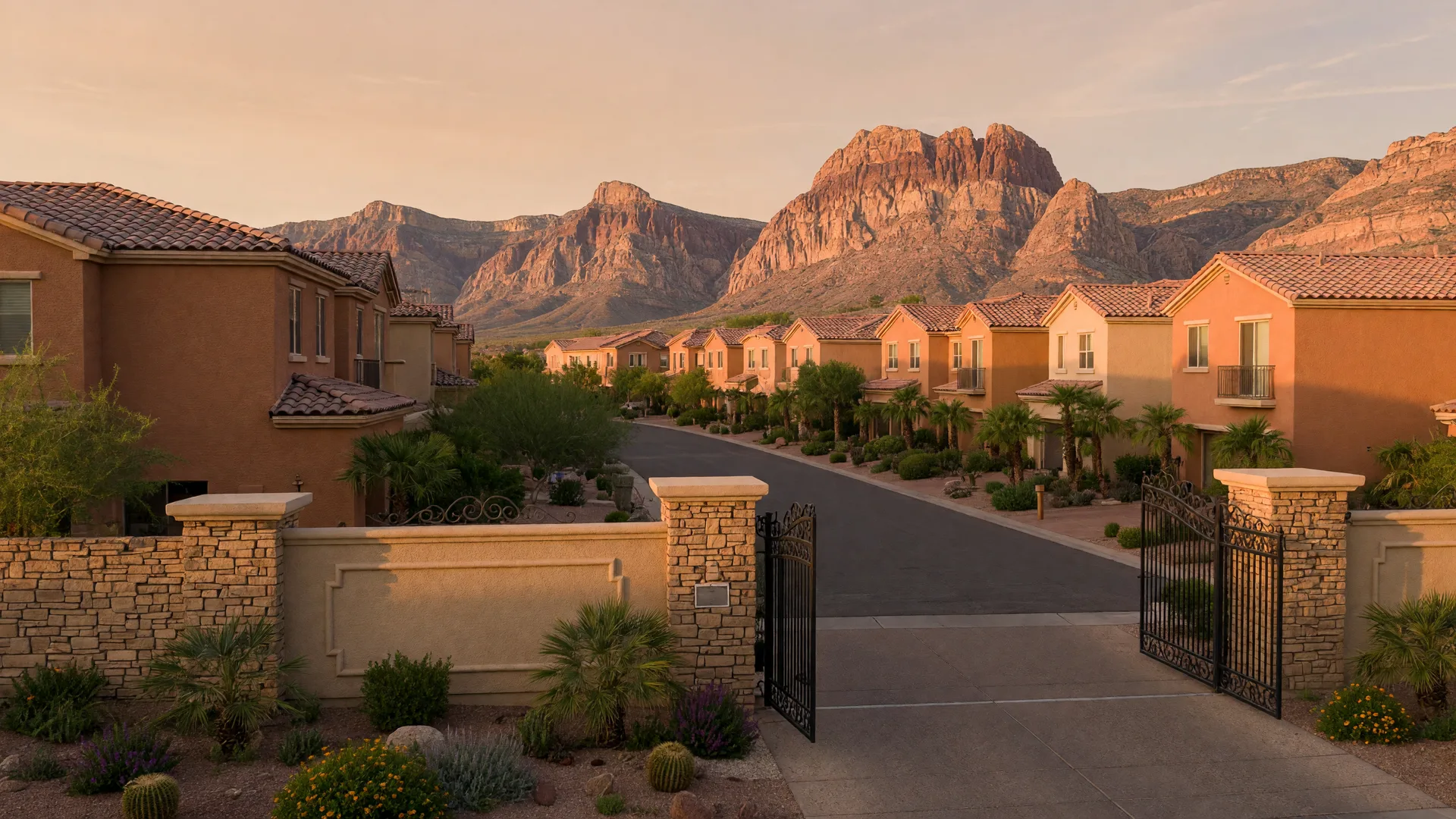Gated community entrance with two-story stucco homes and tile roofs in a master-planned Las Vegas neighborhood