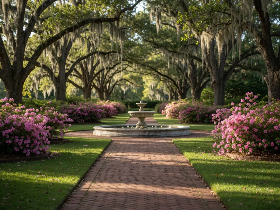 A brick walkway lined with moss-draped live oaks leading to a stone fountain in an Aiken public garden