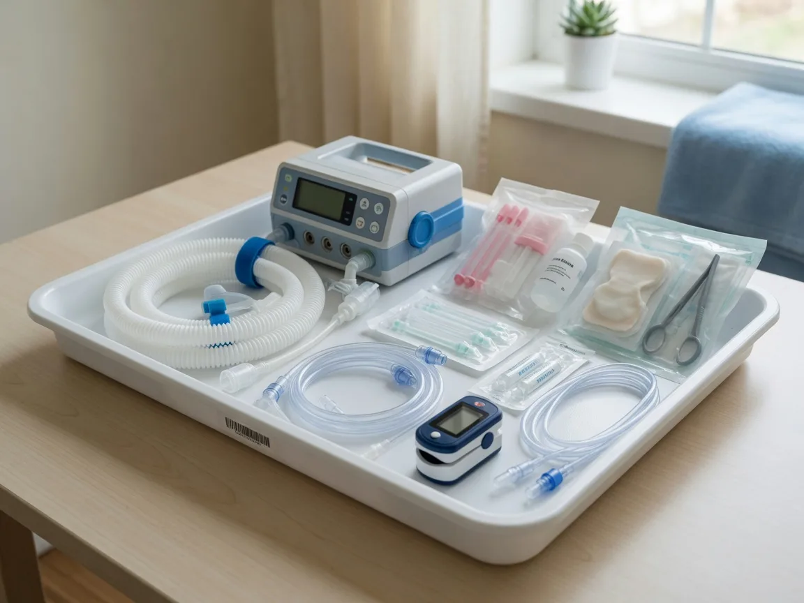 A white clinical tray with a portable ventilator, coiled circuit tubing, a tracheostomy care kit, suction supplies, and a pulse oximeter