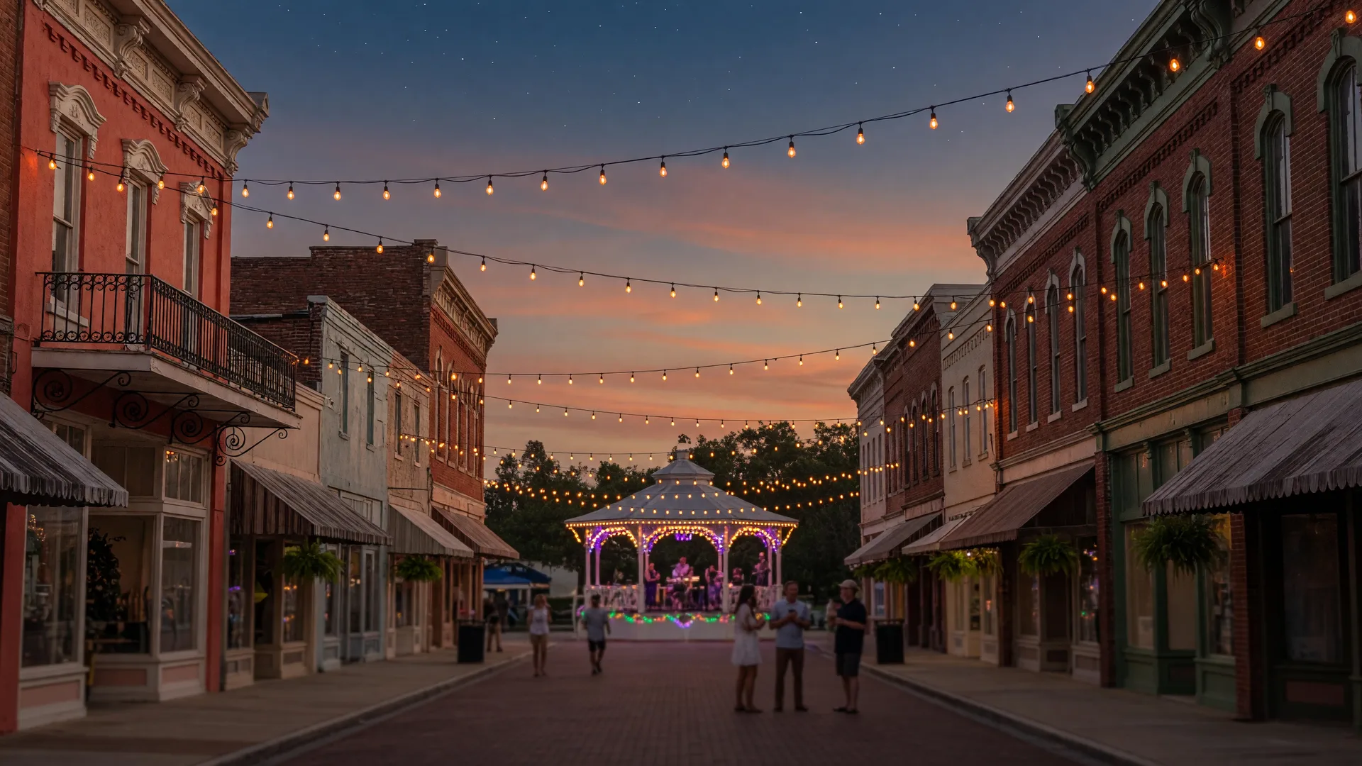 Palafox Street in downtown Pensacola at dusk with historic brick storefronts under strings of warm festival lights.