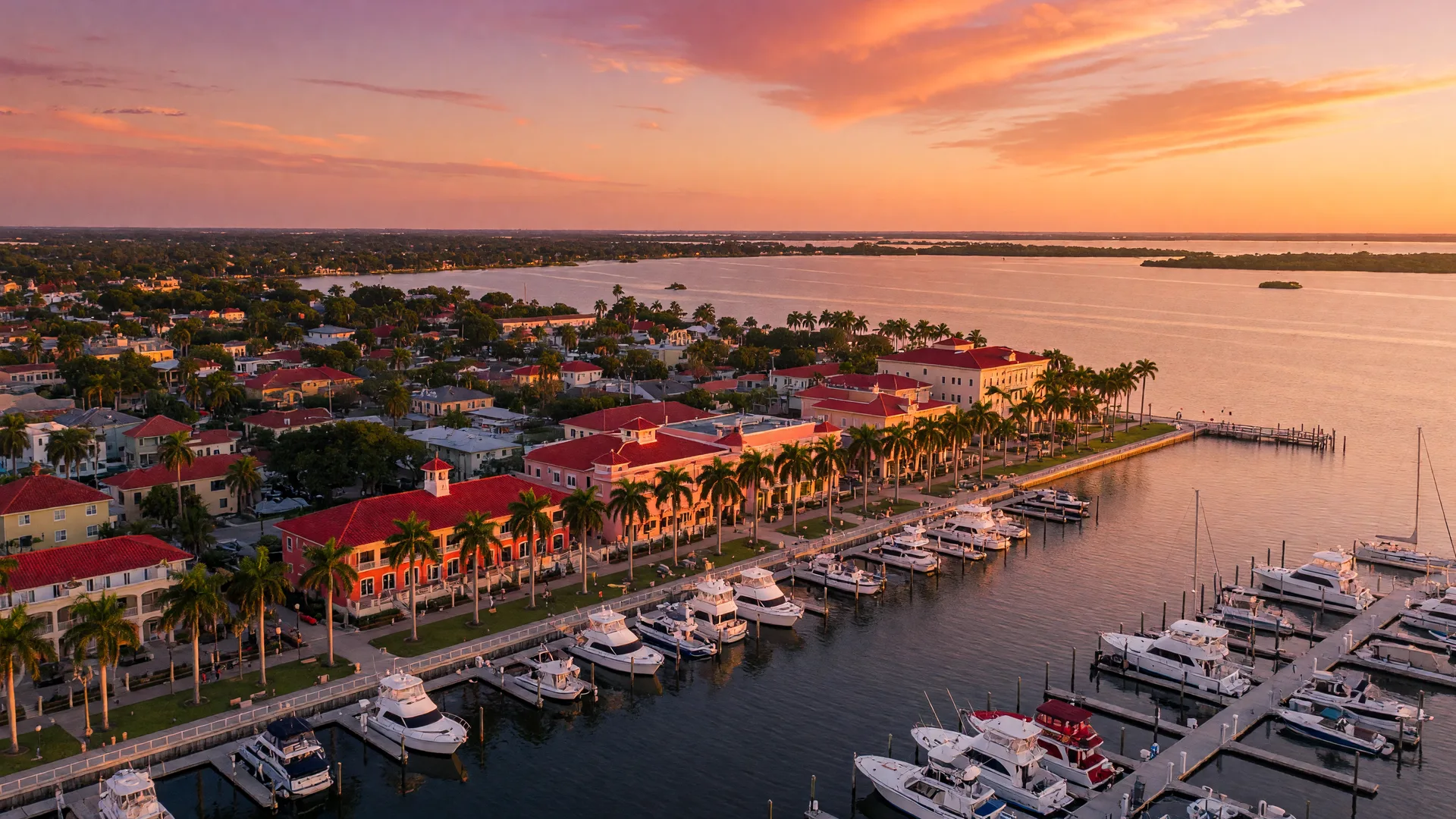 Aerial view of Punta Gorda Florida waterfront at golden hour with boats in the marina, palm trees, red tile roofs, and a vibrant sunset sky over Charlotte Harbor